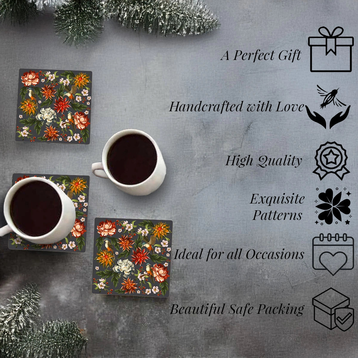 Autumn Flowers Coasters | Set of 6 with Stand