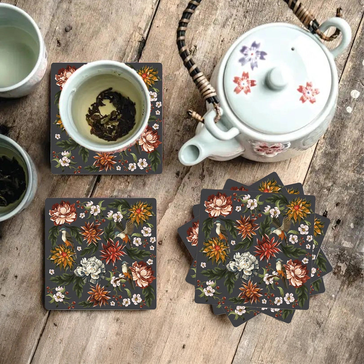 Autumn Flowers Coasters | Set of 6 with Stand