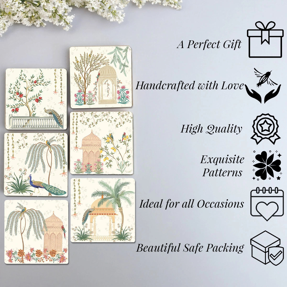 Mughal Gardens Coasters | Set of 6 with Stand