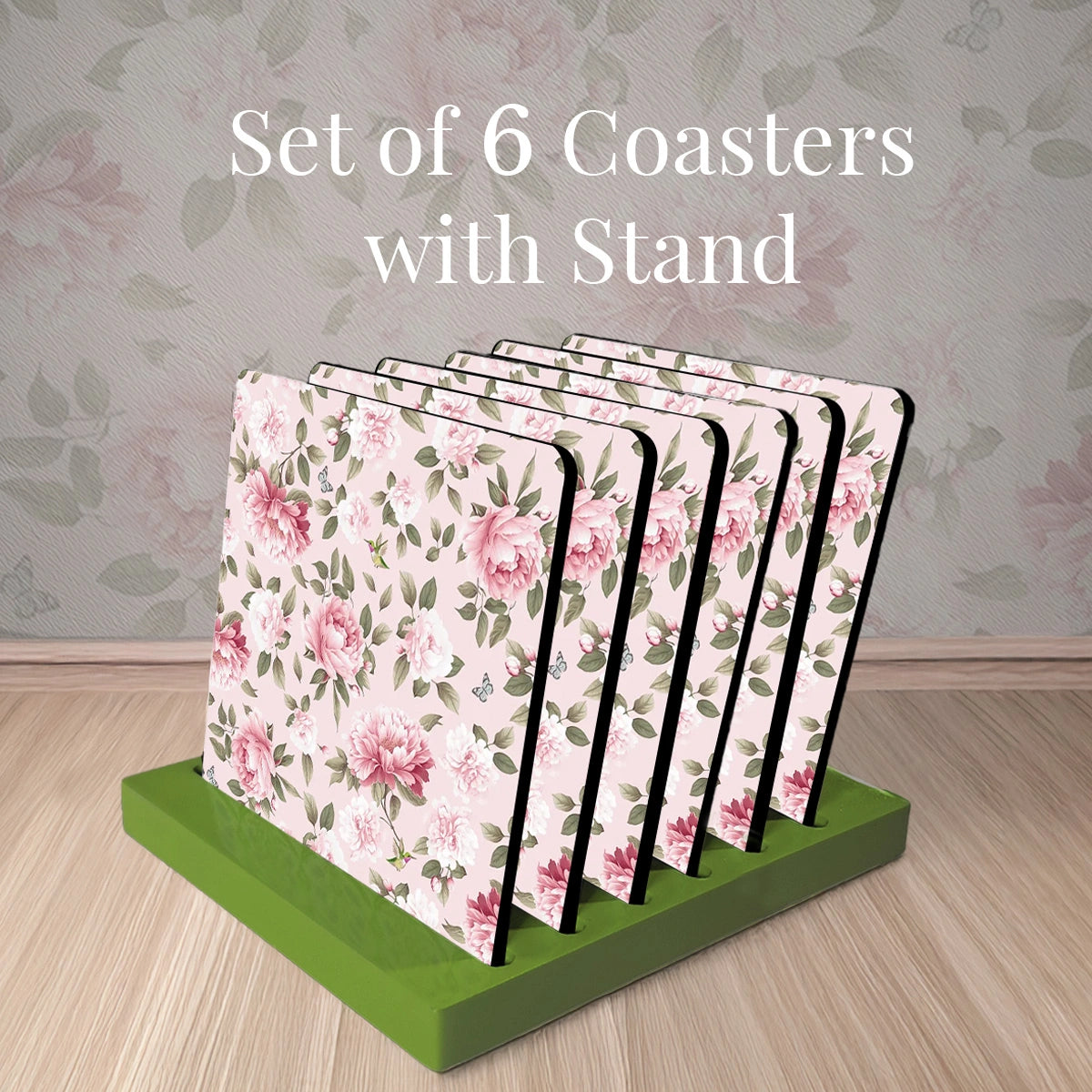 Pink Peonies Coasters | Set of 6 with Stand