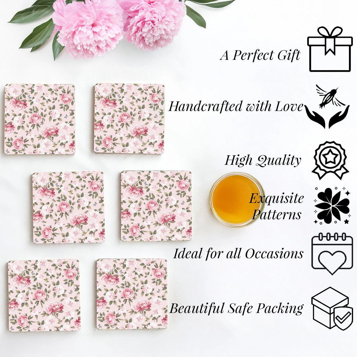 Pink Peonies Coasters | Set of 6 with Stand