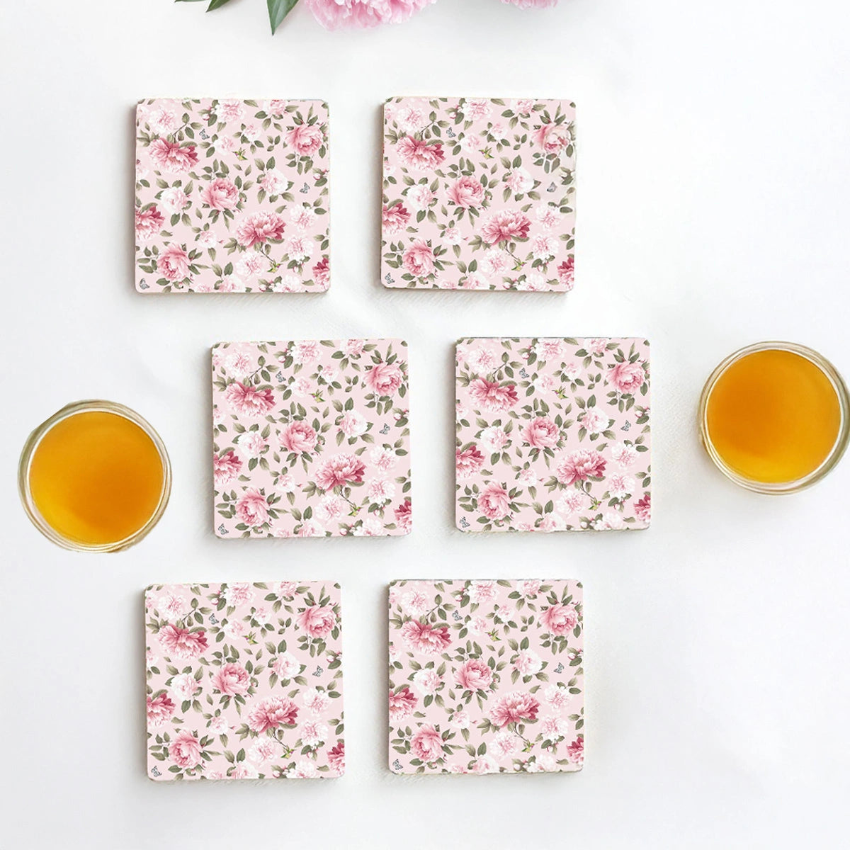 Pink Peonies Coasters | Set of 6 with Stand