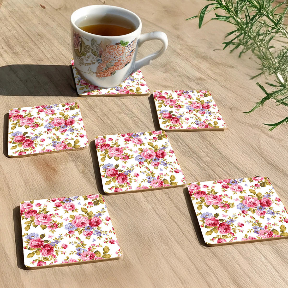 Pink Roses & Purple Forget me Nots Coasters | Set of 6 with Stand