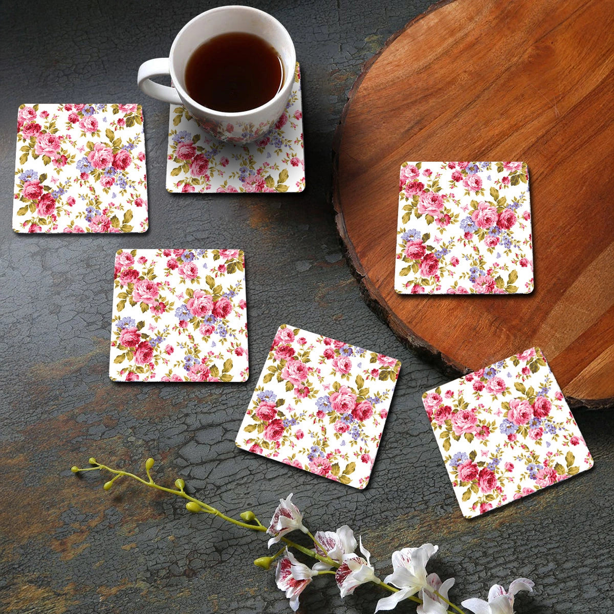 Pink Roses & Purple Forget me Nots Coasters | Set of 6 with Stand
