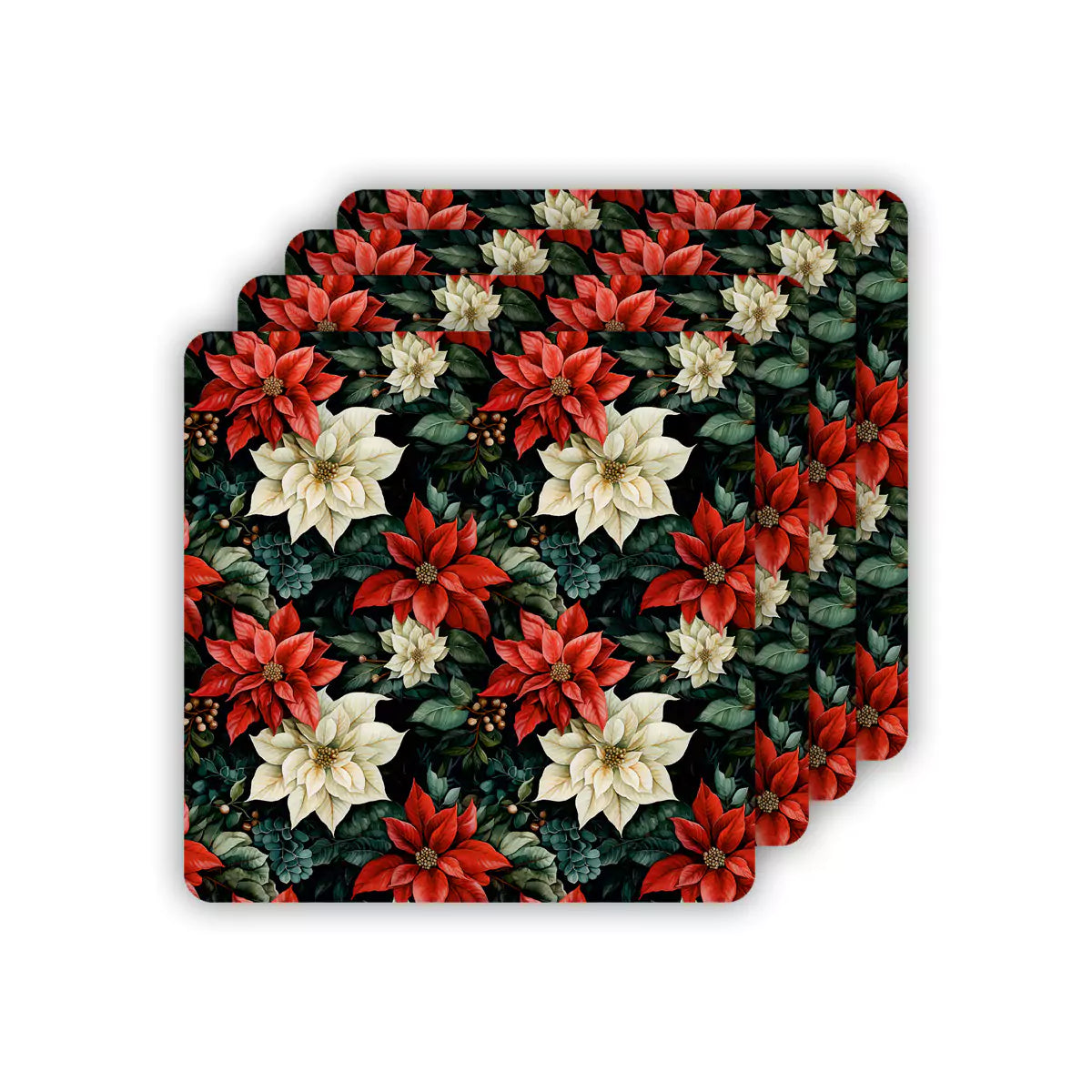 Christmas Poinsettias Coasters Set of 4 with Stand