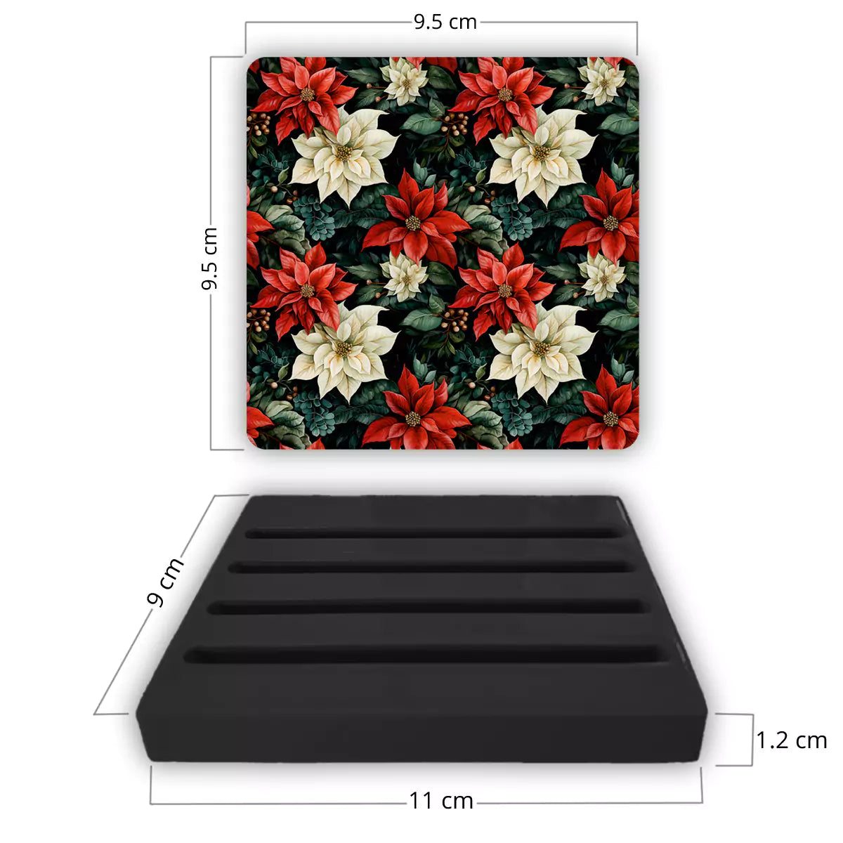 Christmas Poinsettias Coasters Set of 4 with Stand