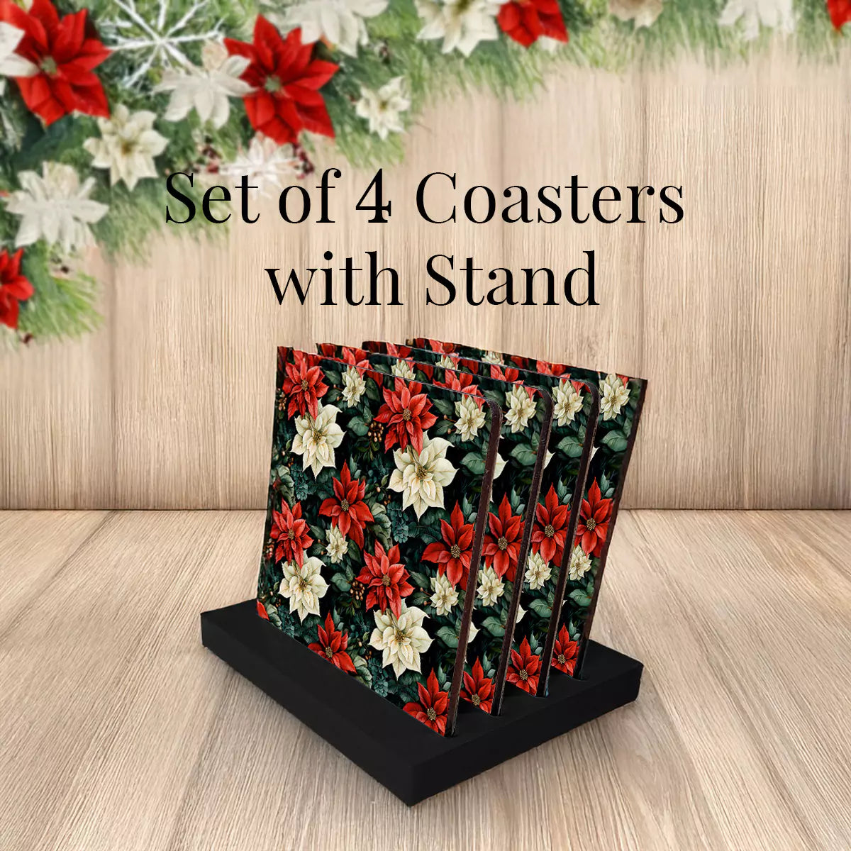 Christmas Poinsettias Coasters Set of 4 with Stand
