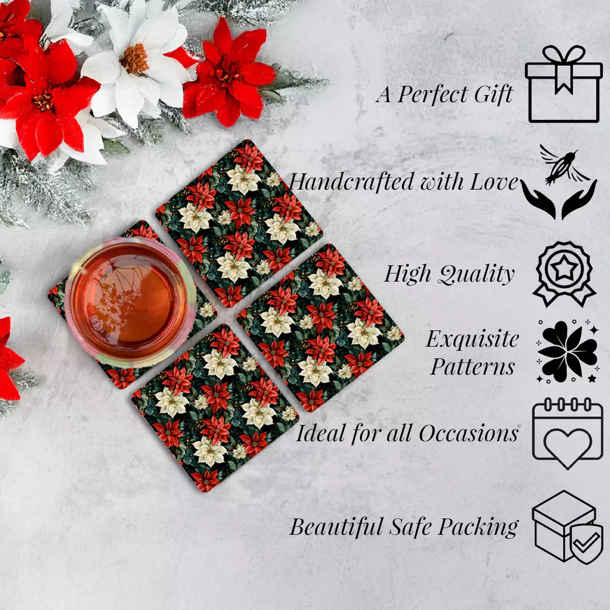 Christmas Poinsettias Coasters Set of 4 with Stand