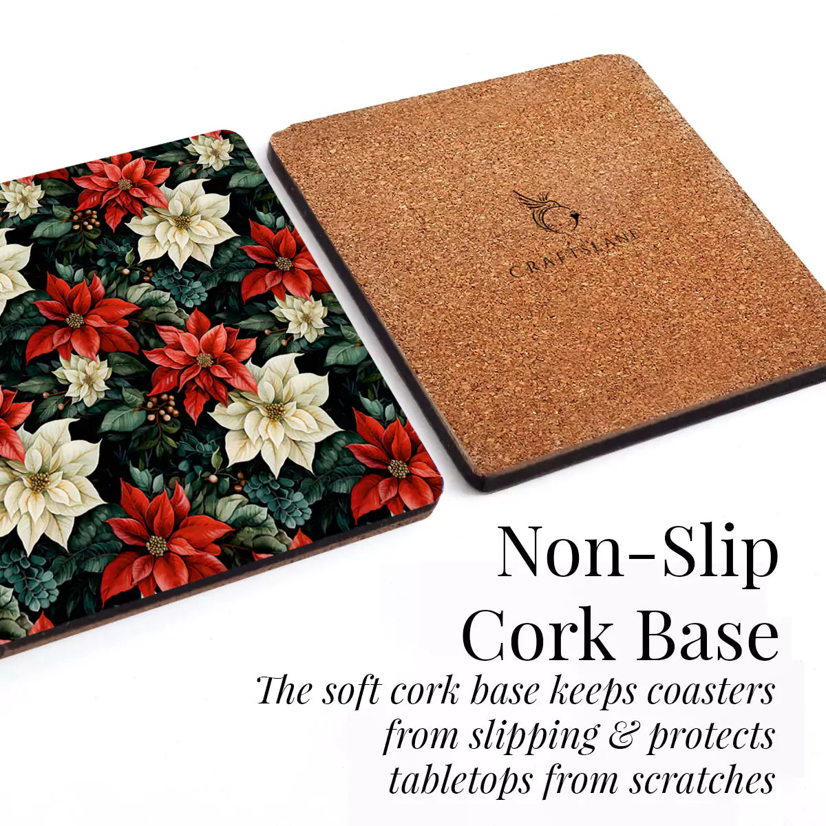 Christmas Poinsettias Coasters Set of 4 with Stand