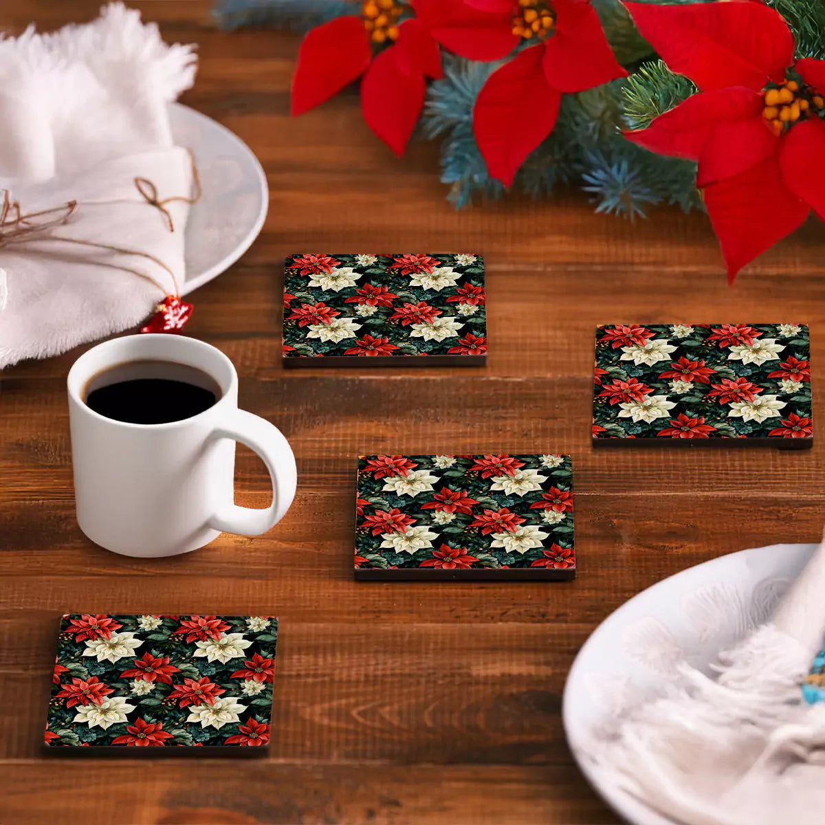 Christmas Poinsettias Coasters Set of 4 with Stand
