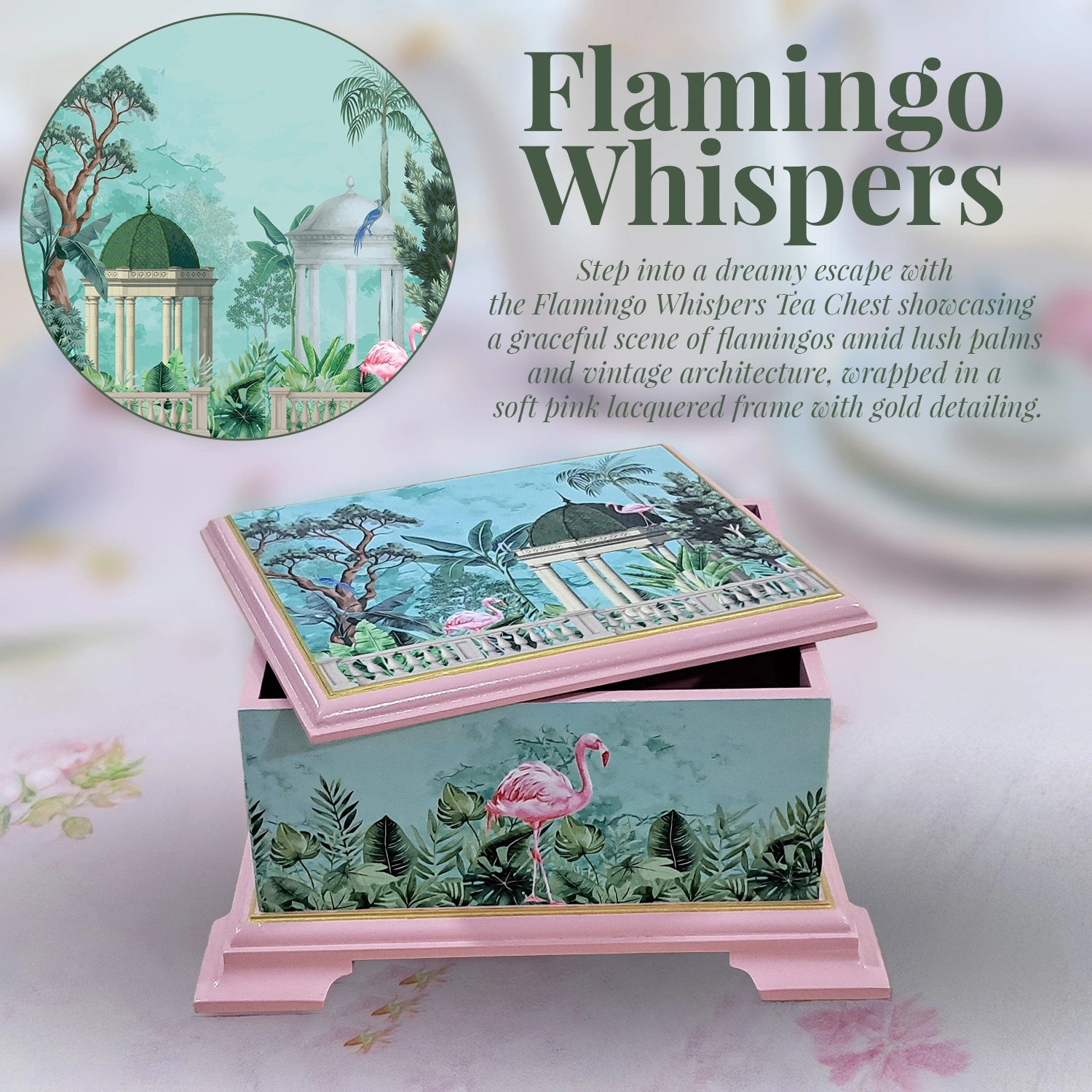 Flamingo Whispers Tea Chest with 4 Partitions
