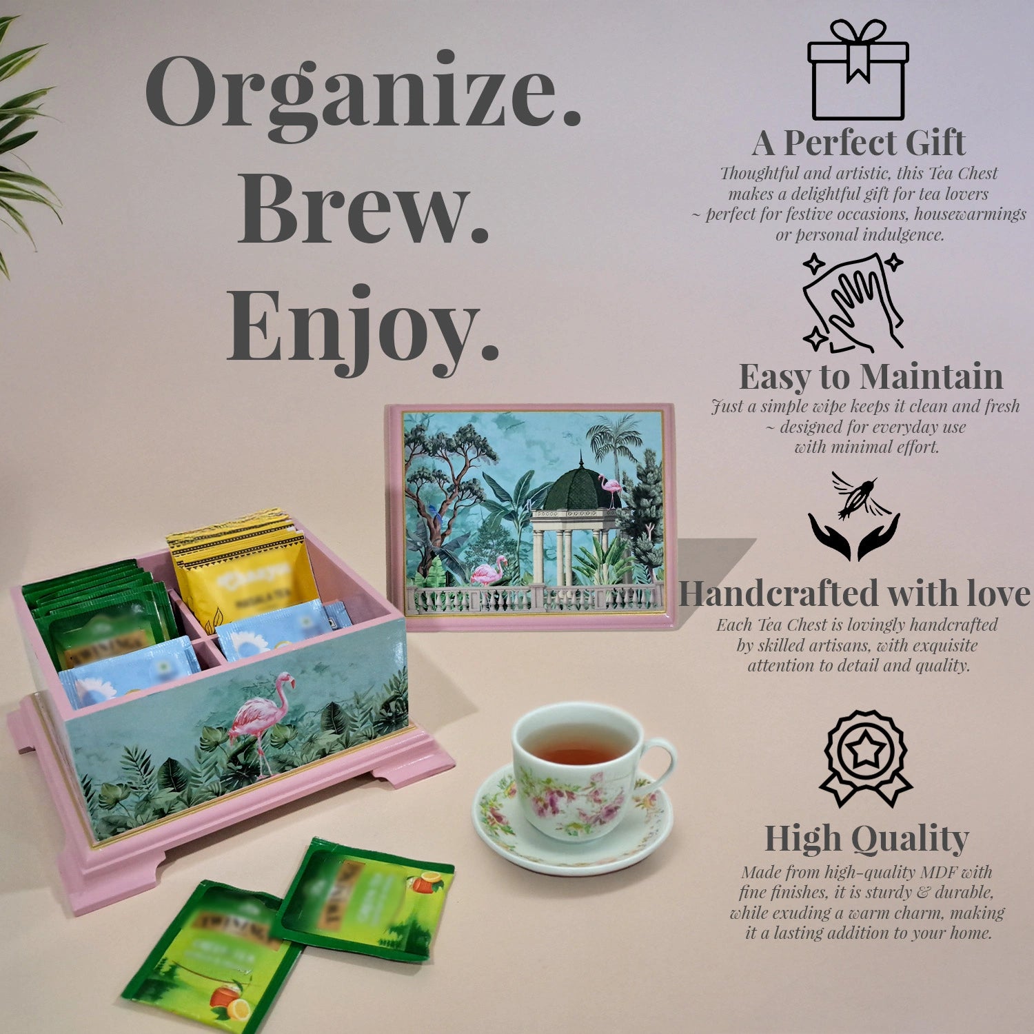 Flamingo Whispers Tea Chest with 4 Partitions