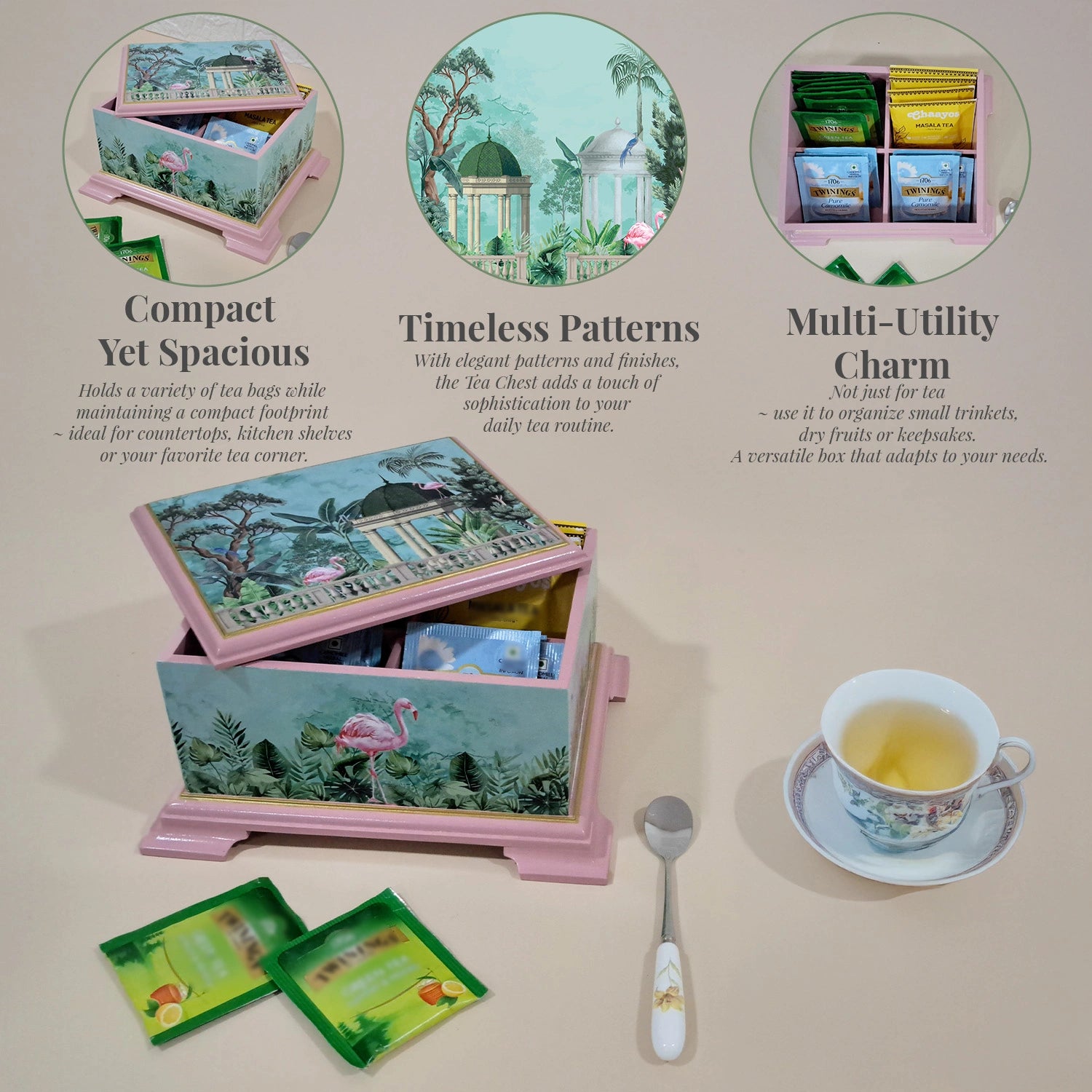 Flamingo Whispers Tea Chest with 4 Partitions