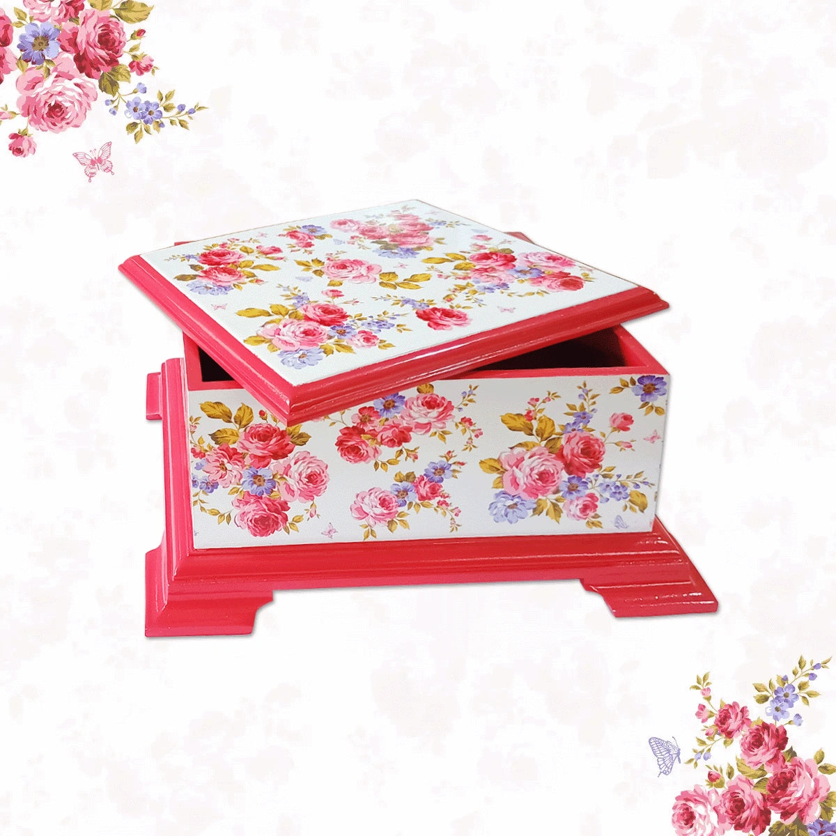 Pink Roses & Purple Forget me Nots Tea Chest with 4 Partitions