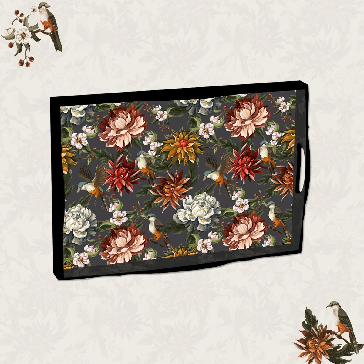 Elegant Luxe Handcrafted Autumn Flowers Wooden Serving Trays 18x13 Inch