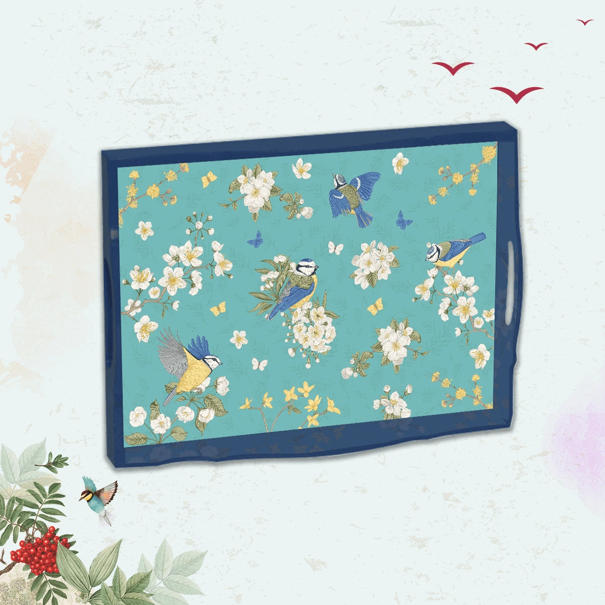 Elegant Luxe Handcrafted Birds in Paradise Wooden Serving Trays 18x13 Inch