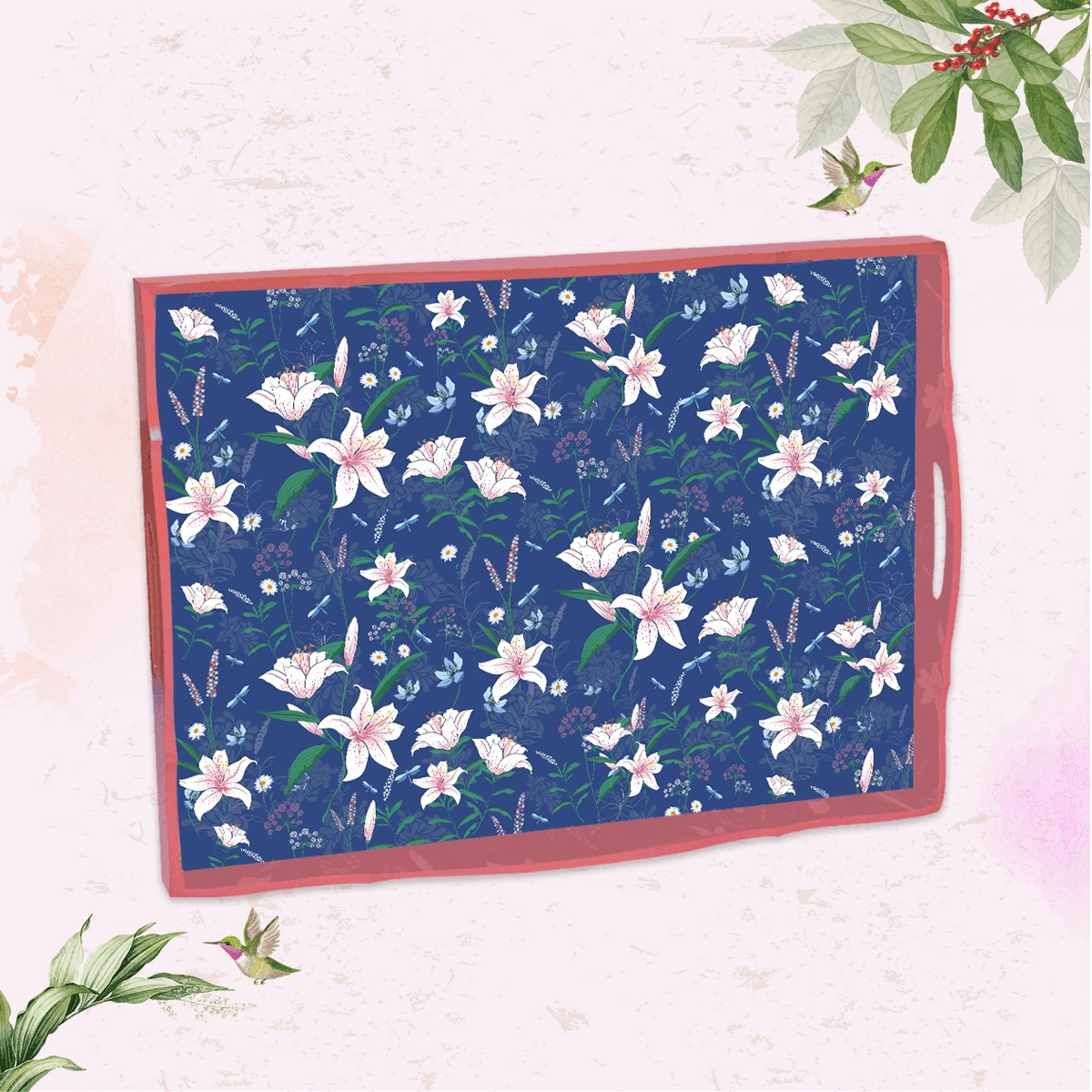 Elegant Luxe Handcrafted Lily in the Valley Wooden Serving Trays 18x13 Inch