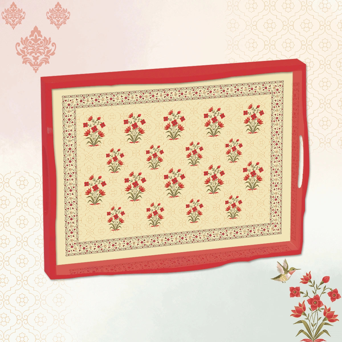 Elegant Luxe Handcrafted Mughal Flowers Wooden Serving Trays 18x13 Inch