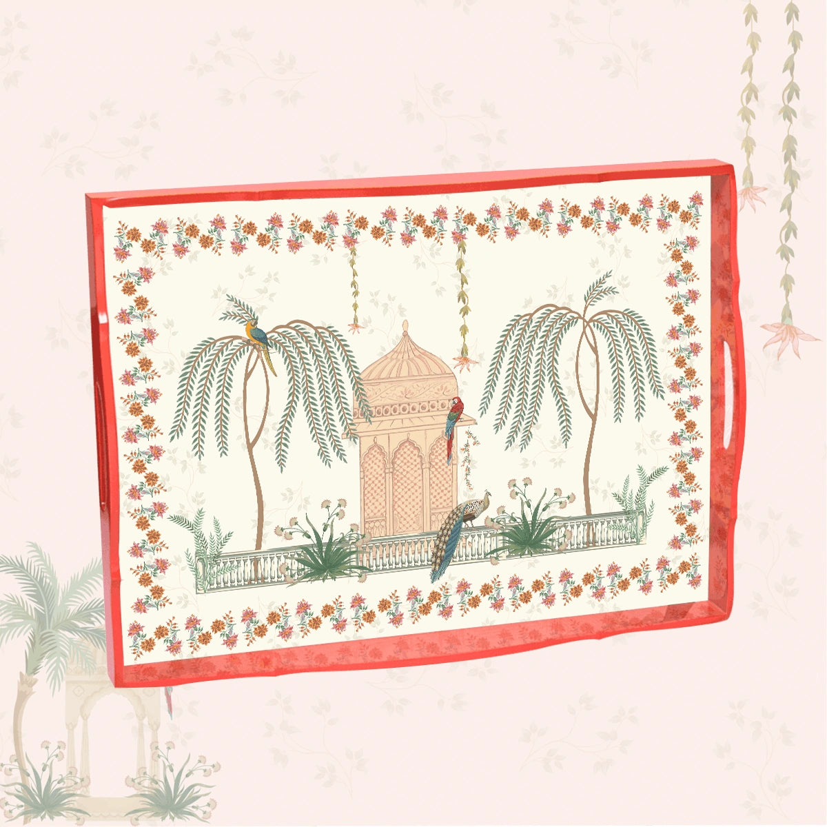 Elegant Luxe Handcrafted Mughal Gardens Wooden Serving Trays 18x13 Inch