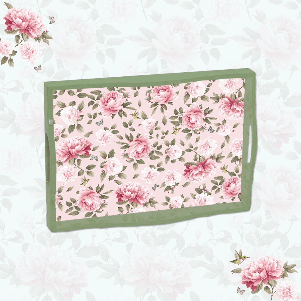 Elegant Luxe Handcrafted Pink Peonies Wooden Serving Trays 18x13 Inch