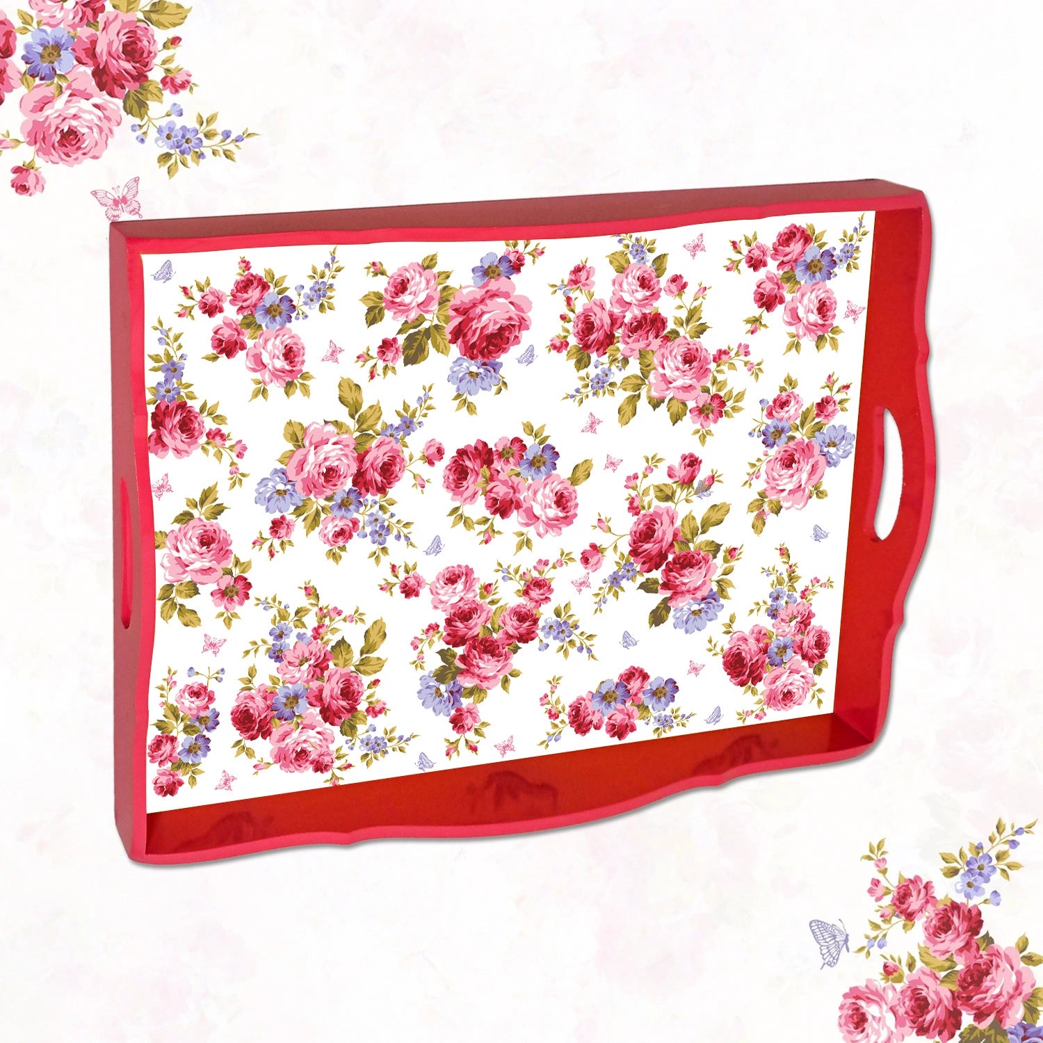 Elegant Luxe Handcrafted Pink Roses & Purple Forget-Me-Nots Wooden Serving Trays 18x13 Inch