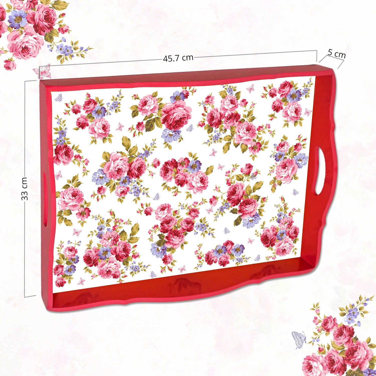 Elegant Luxe Handcrafted Pink Roses & Purple Forget-Me-Nots Wooden Serving Trays 18x13 Inch