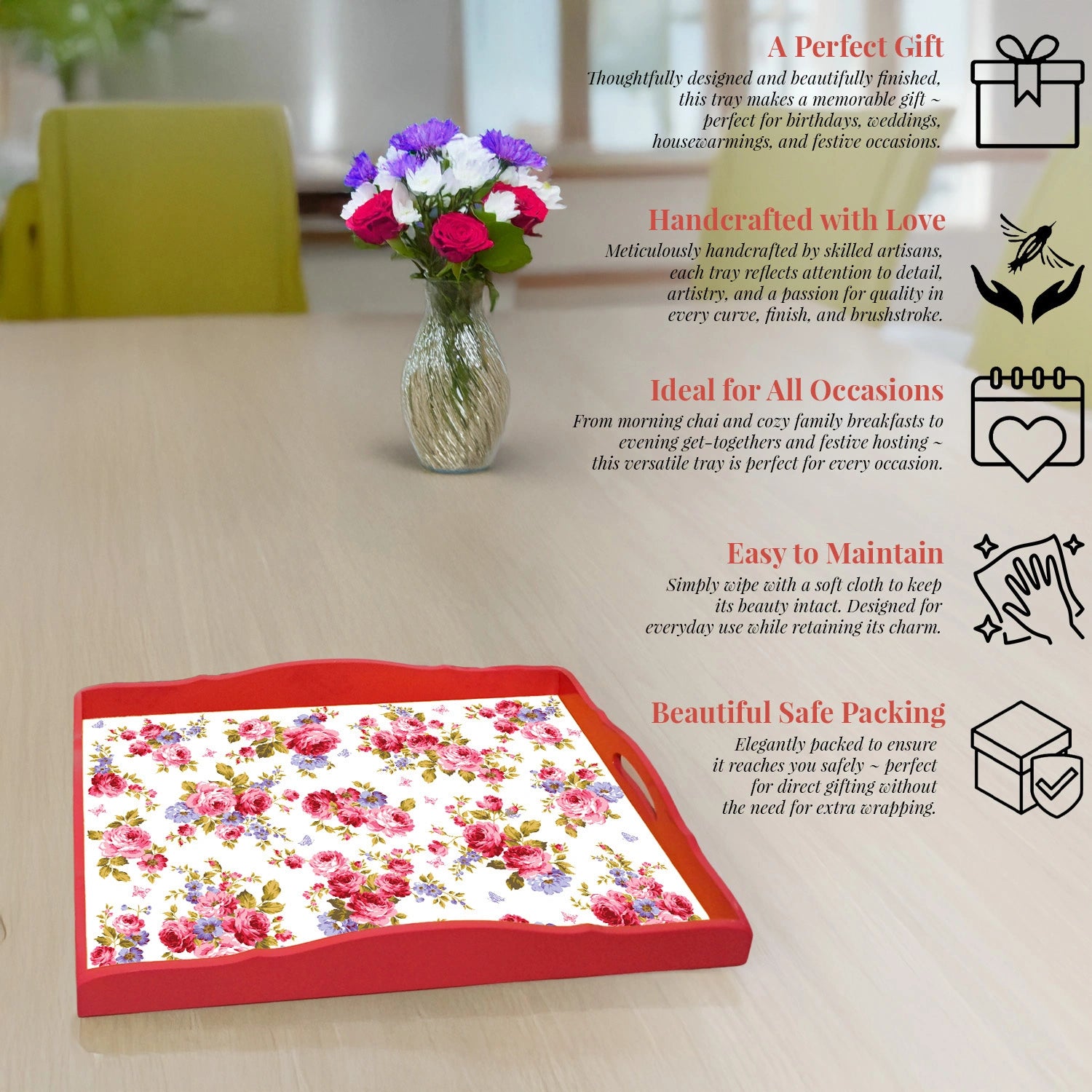Elegant Luxe Handcrafted Pink Roses & Purple Forget-Me-Nots Wooden Serving Trays 18x13 Inch