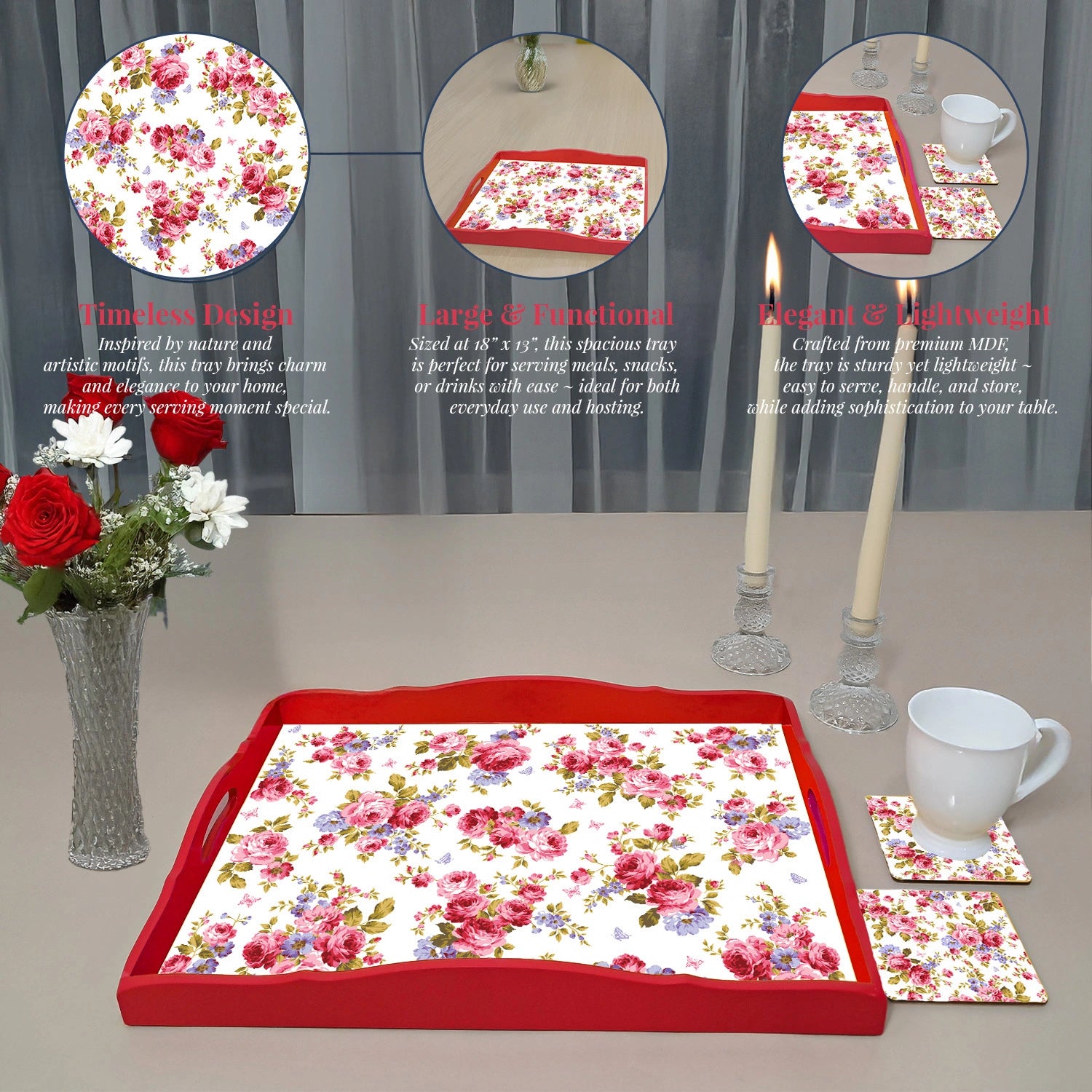 Elegant Luxe Handcrafted Pink Roses & Purple Forget-Me-Nots Wooden Serving Trays 18x13 Inch