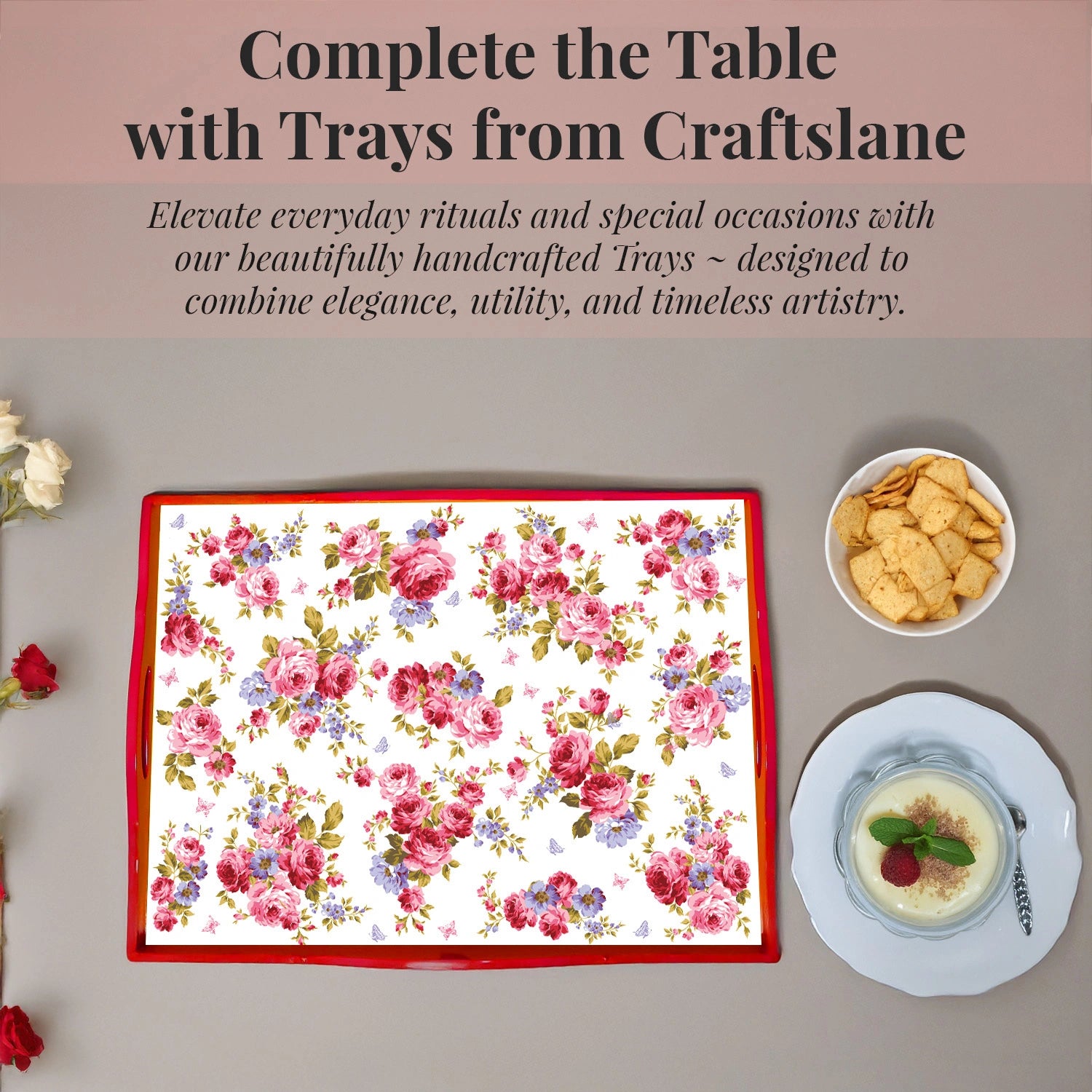 Elegant Luxe Handcrafted Pink Roses & Purple Forget-Me-Nots Wooden Serving Trays 18x13 Inch