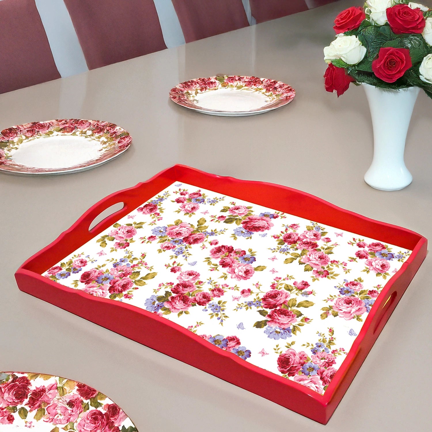 Elegant Luxe Handcrafted Pink Roses & Purple Forget-Me-Nots Wooden Serving Trays 18x13 Inch