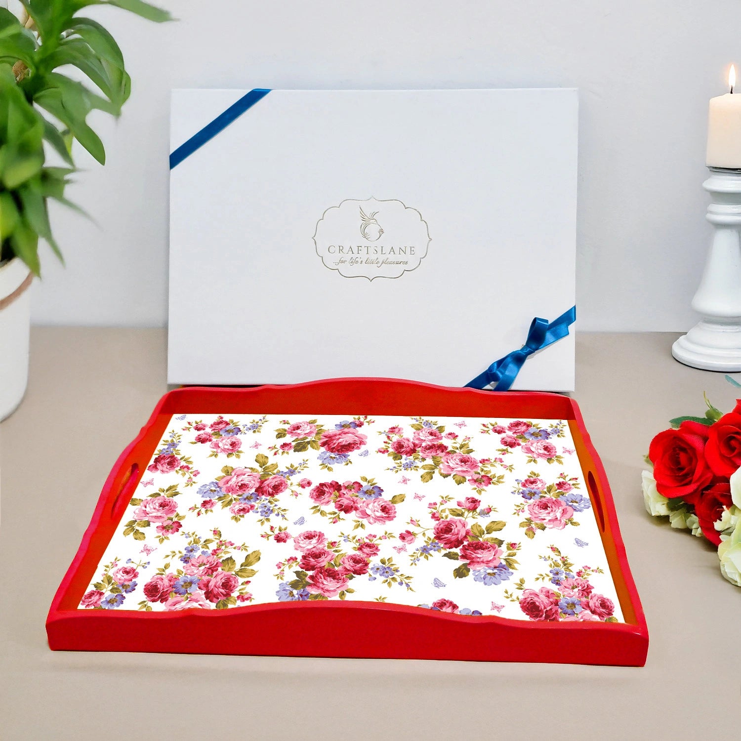 Elegant Luxe Handcrafted Pink Roses & Purple Forget-Me-Nots Wooden Serving Trays 18x13 Inch