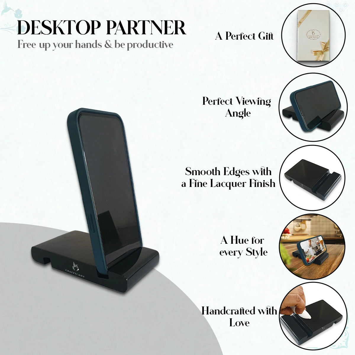 Charcoal Black Colorful Handcrafted Wooden Desktop Mobile Stands