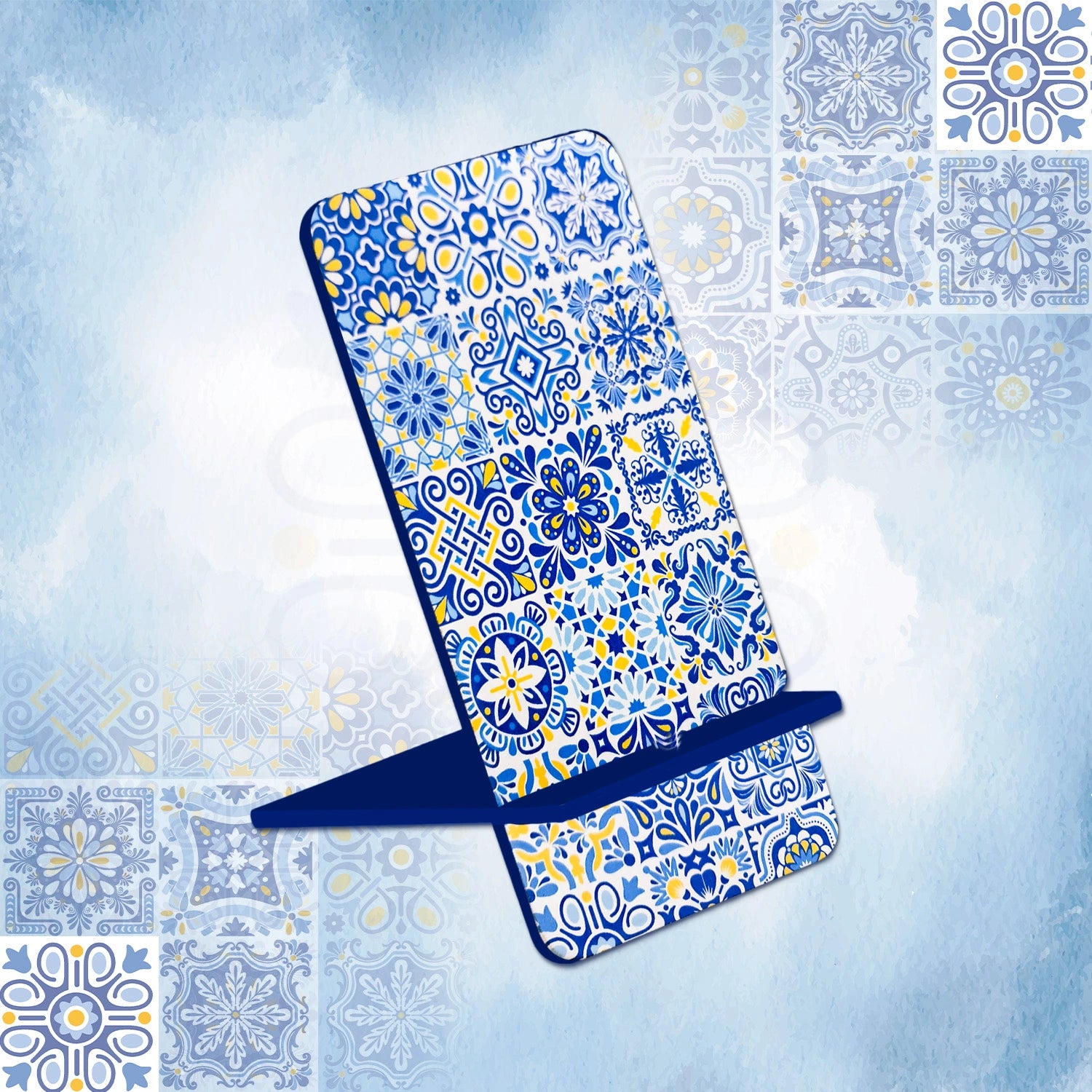 Portuguese Blue Tiles Interlocking Cell Phone Stand for Desk