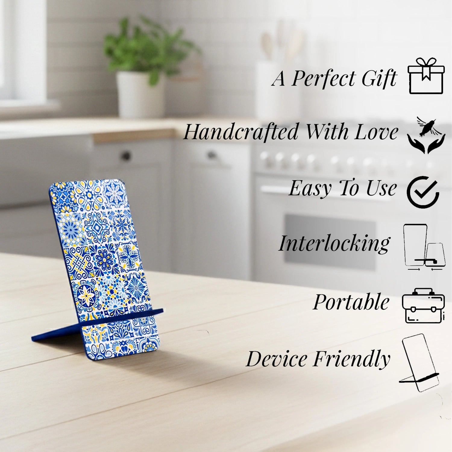 Portuguese Blue Tiles Interlocking Cell Phone Stand for Desk