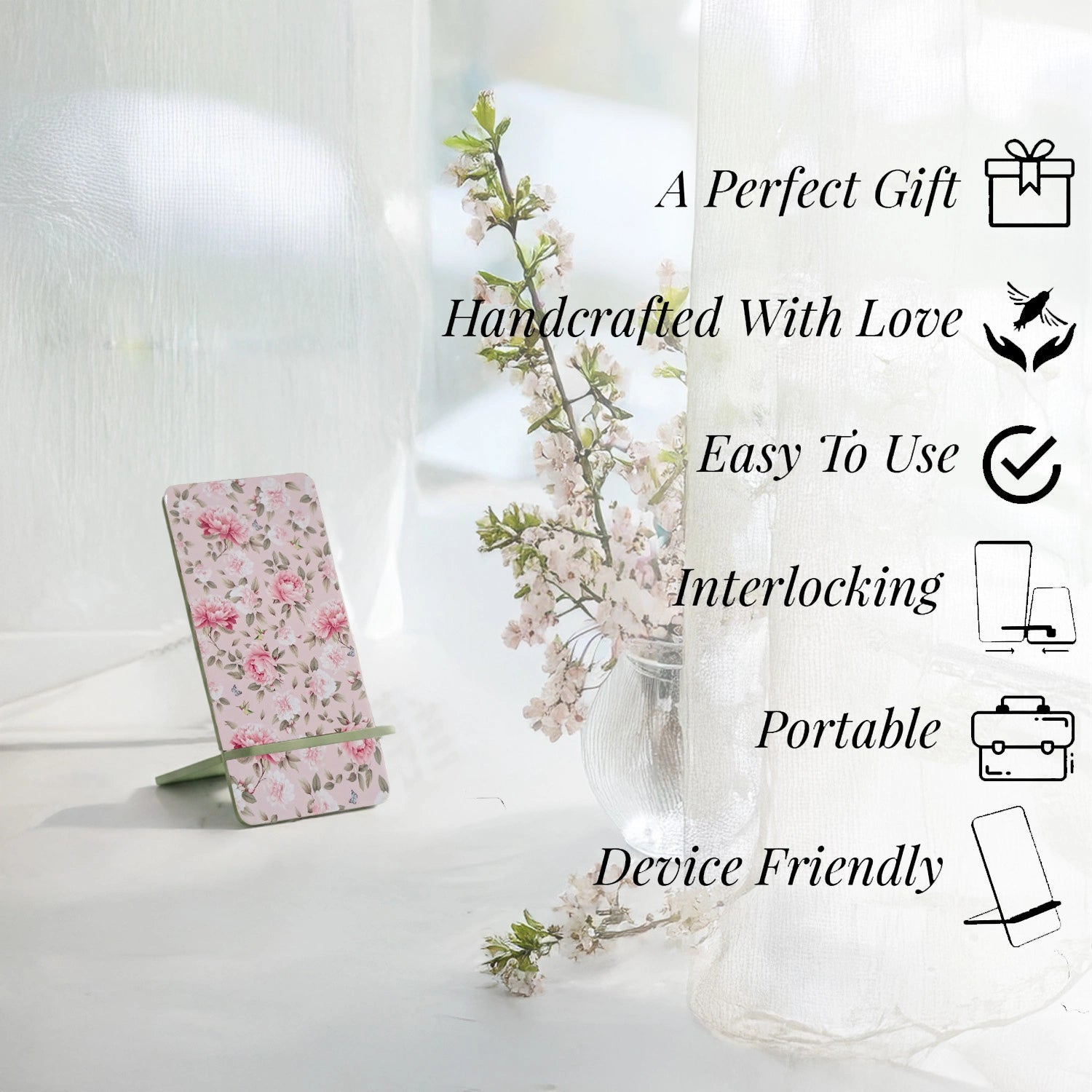 Pink Peonies Interlocking Cell Phone Stands for Desk