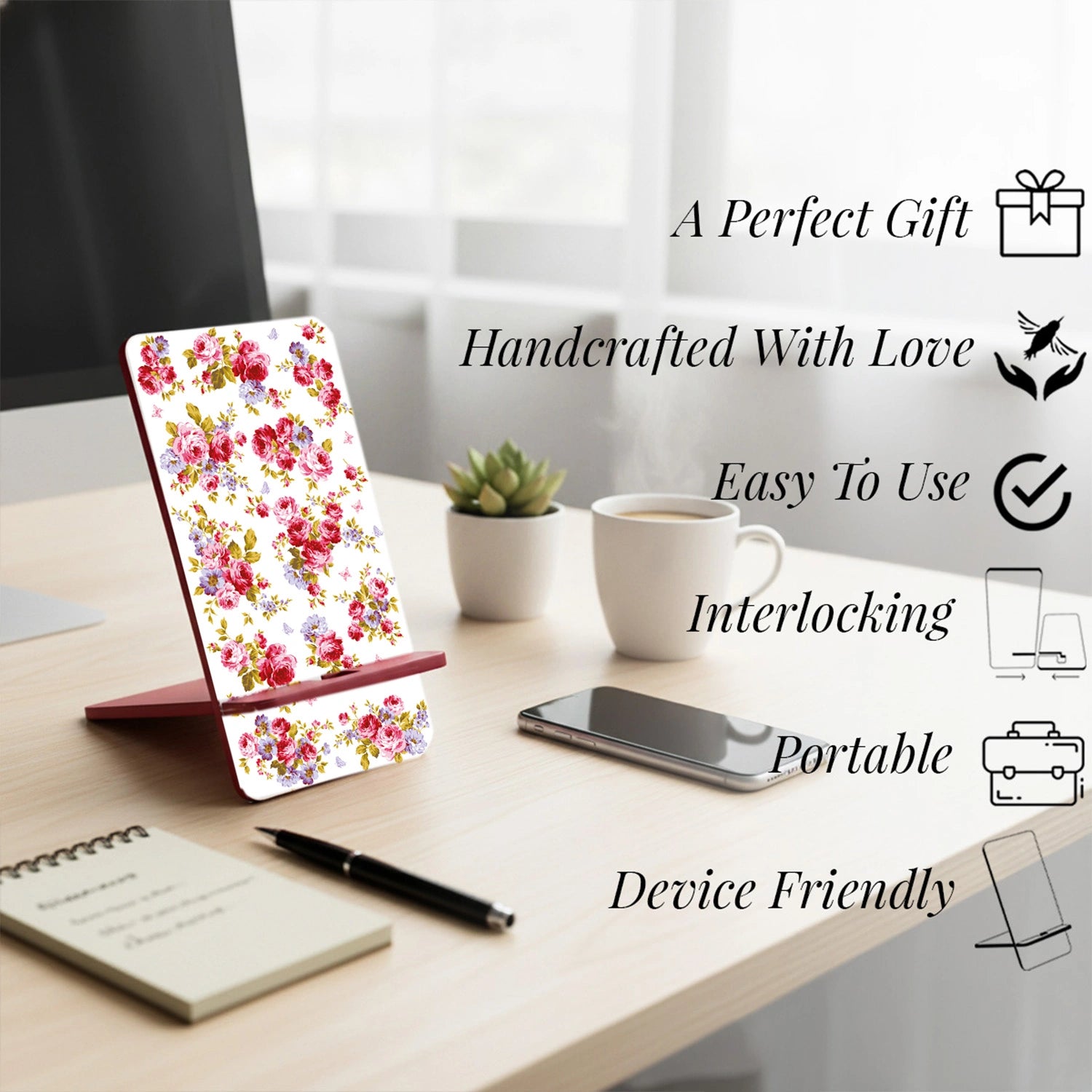 Pink Roses & Purple Forget-Me-Nots Interlocking Cell Phone Stands for Desk