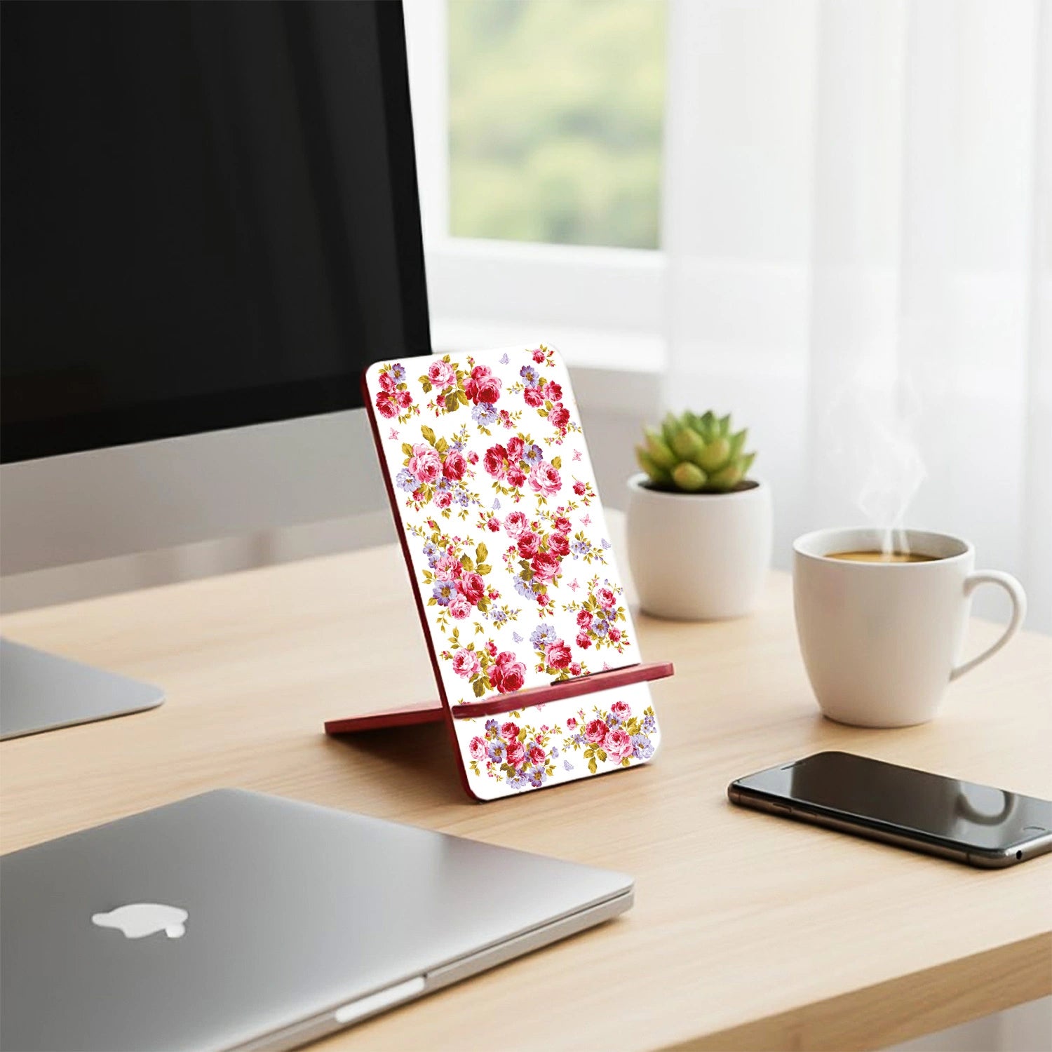 Pink Roses & Purple Forget-Me-Nots Interlocking Cell Phone Stands for Desk
