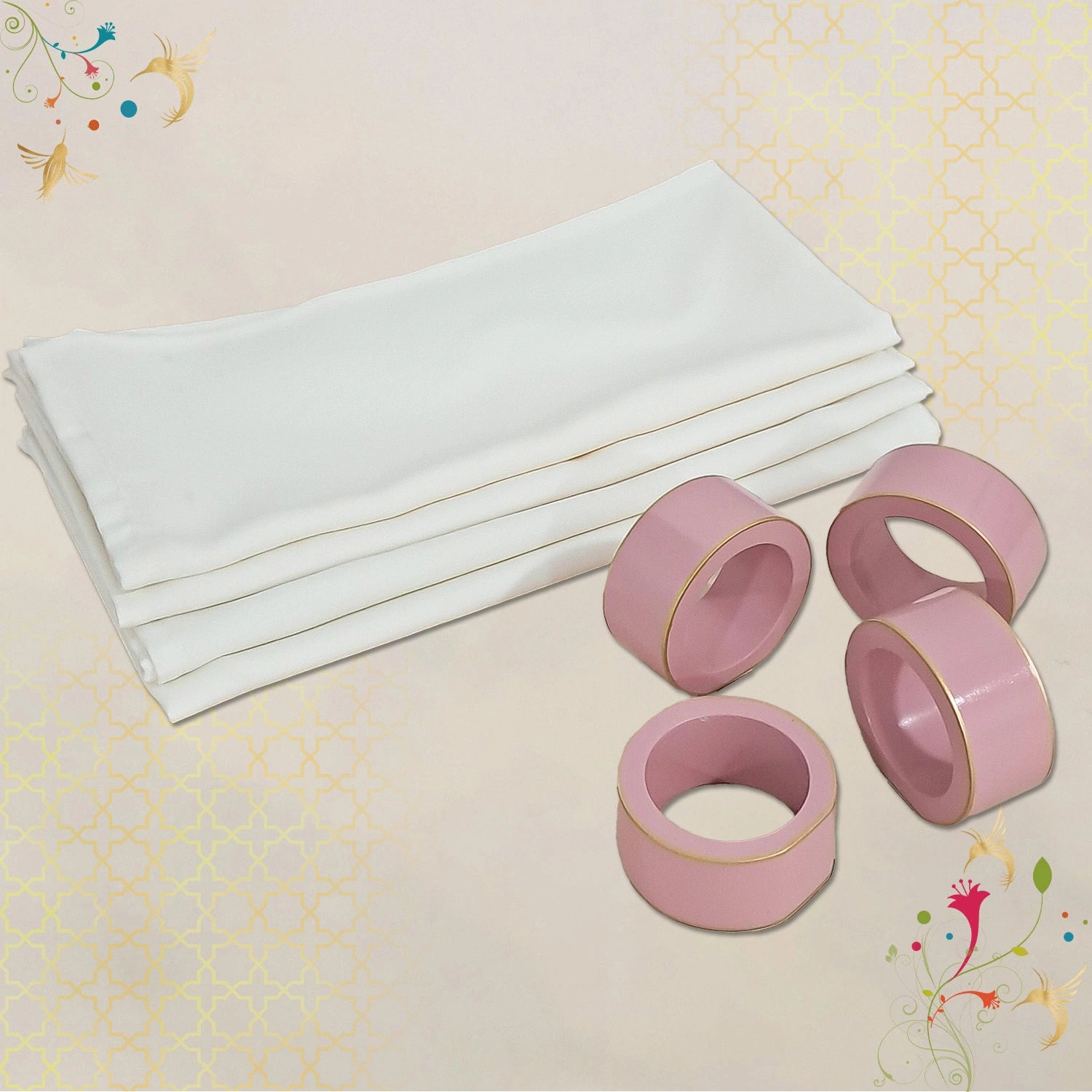 Baby Pink Handcrafted Solid Color Napkin Rings & Cloth Napkins Combo Set