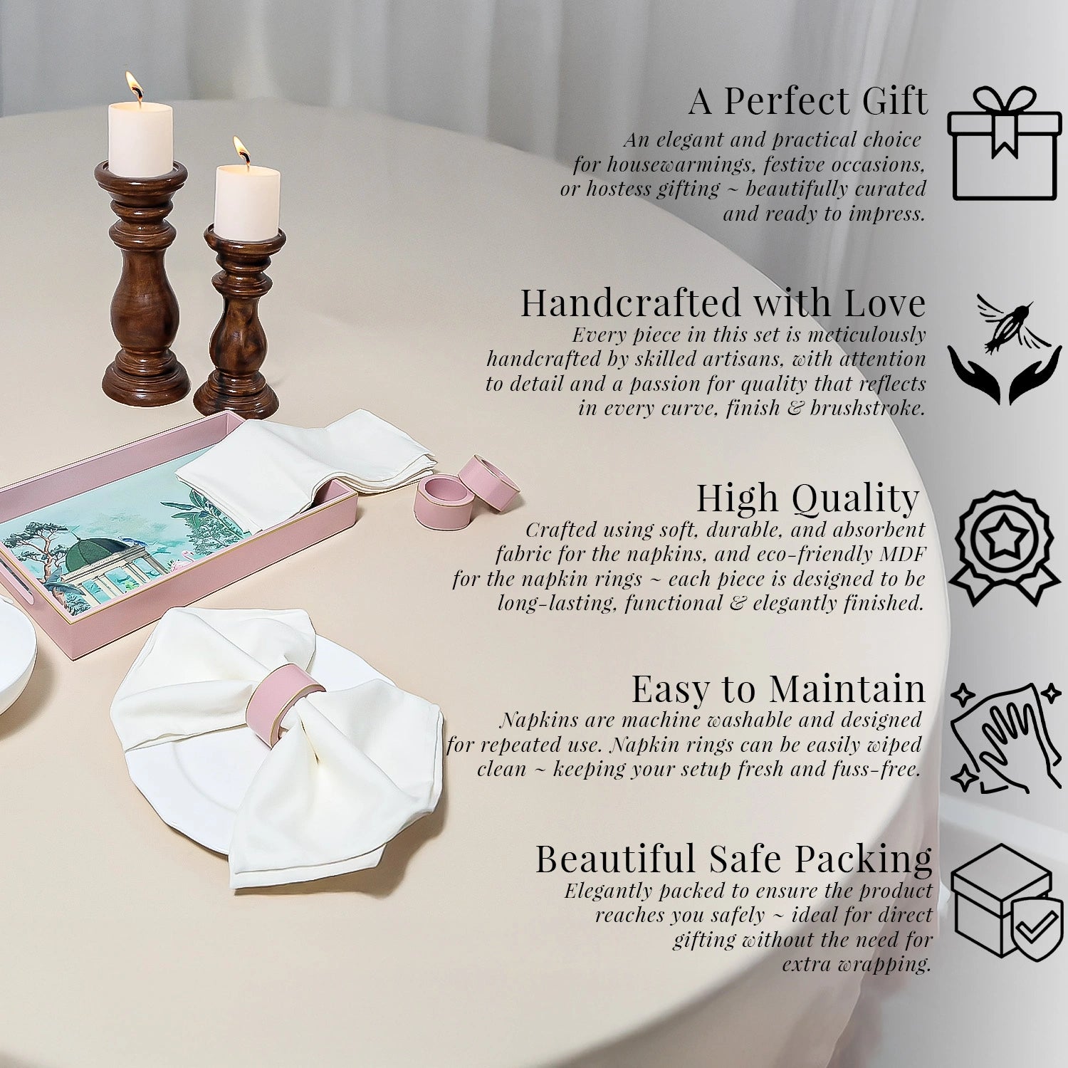 Baby Pink Handcrafted Solid Color Napkin Rings & Cloth Napkins Combo Set