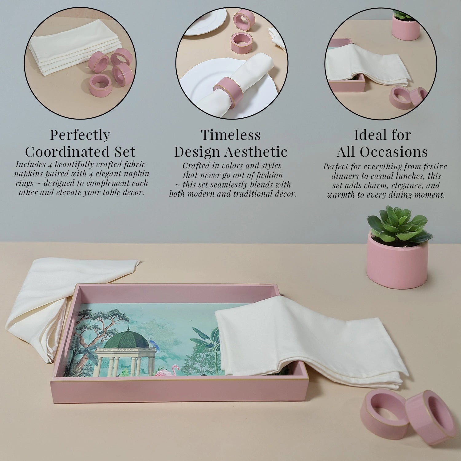 Baby Pink Handcrafted Solid Color Napkin Rings & Cloth Napkins Combo Set
