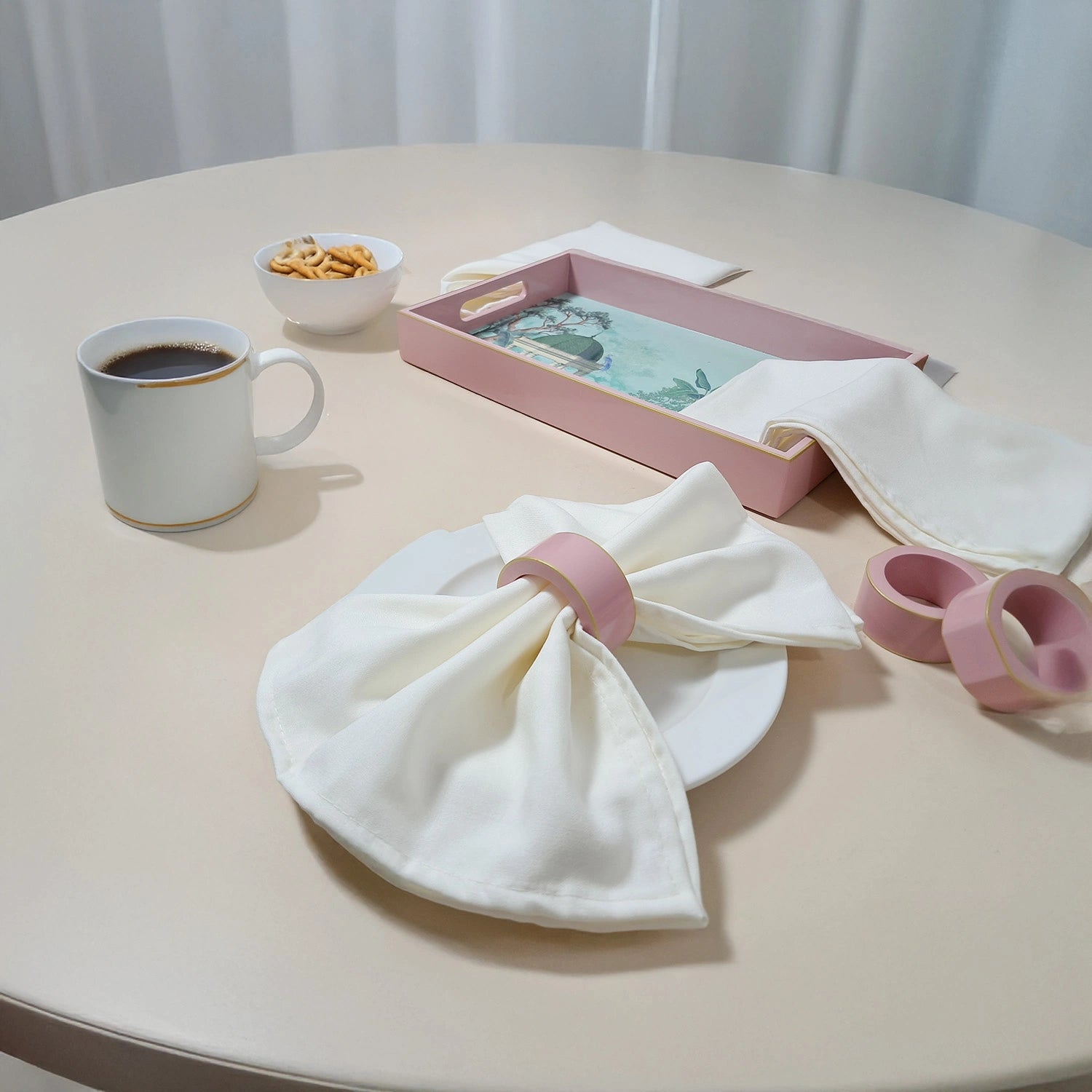 Baby Pink Handcrafted Solid Color Napkin Rings & Cloth Napkins Combo Set