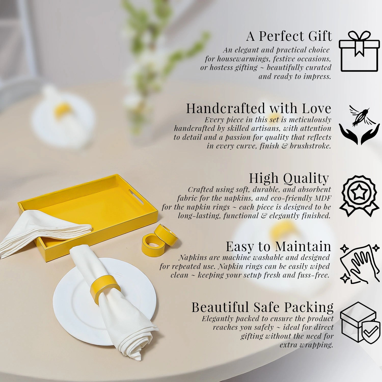 Butterscotch Handcrafted Solid Color Napkin Rings & Cloth Napkins Combo Set