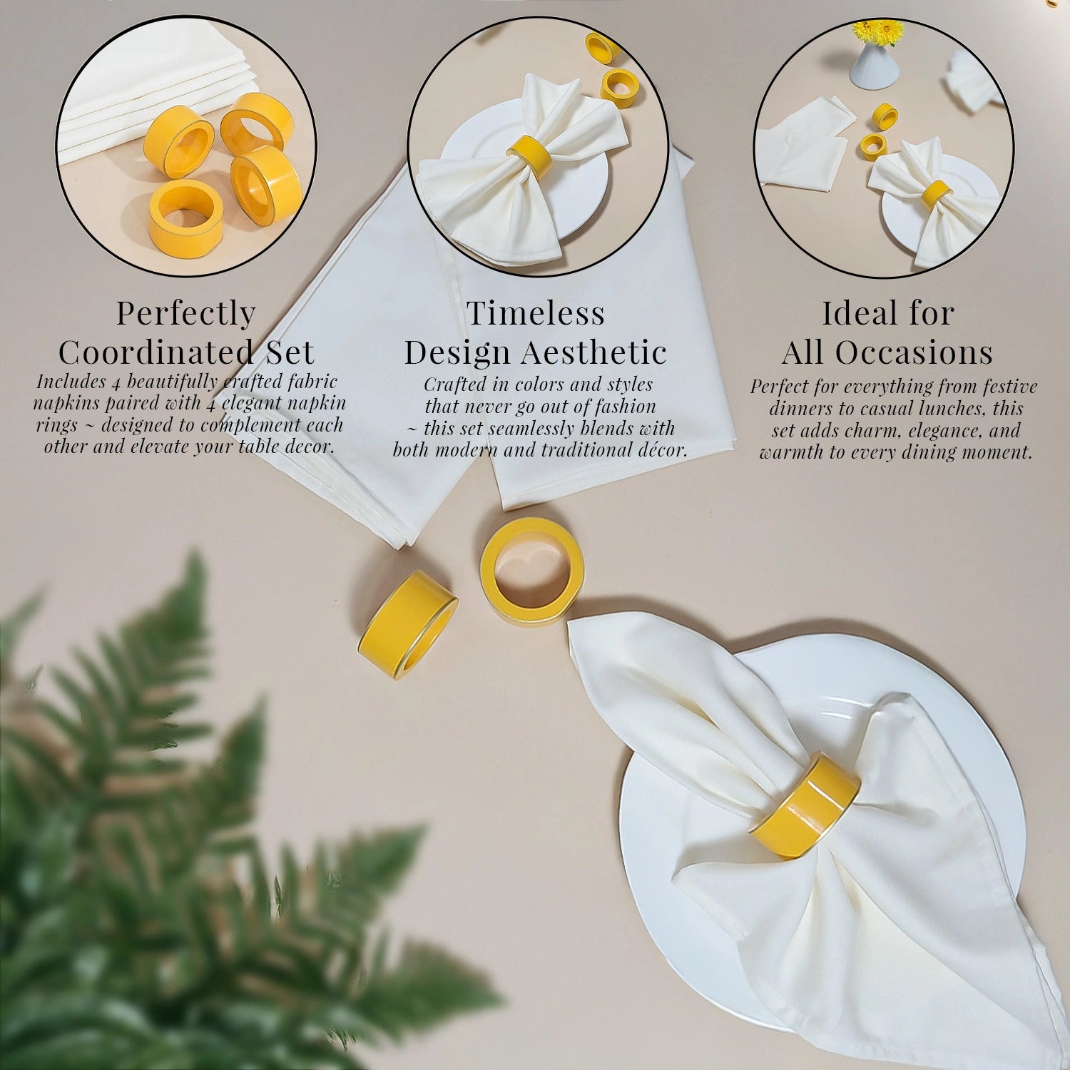 Butterscotch Handcrafted Solid Color Napkin Rings & Cloth Napkins Combo Set