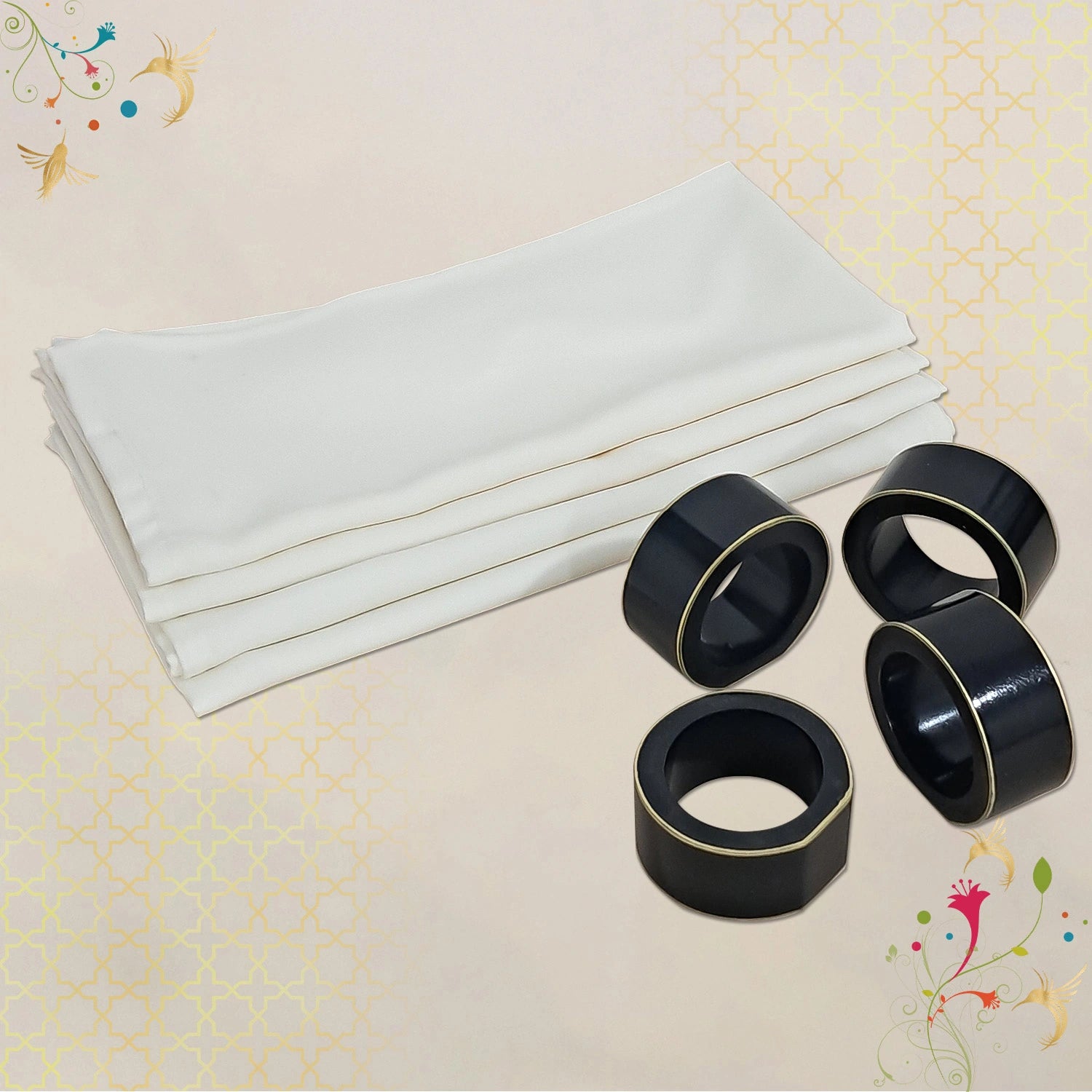 Charcoal Black Handcrafted Solid Color Napkin Rings & Cloth Napkins Combo Set