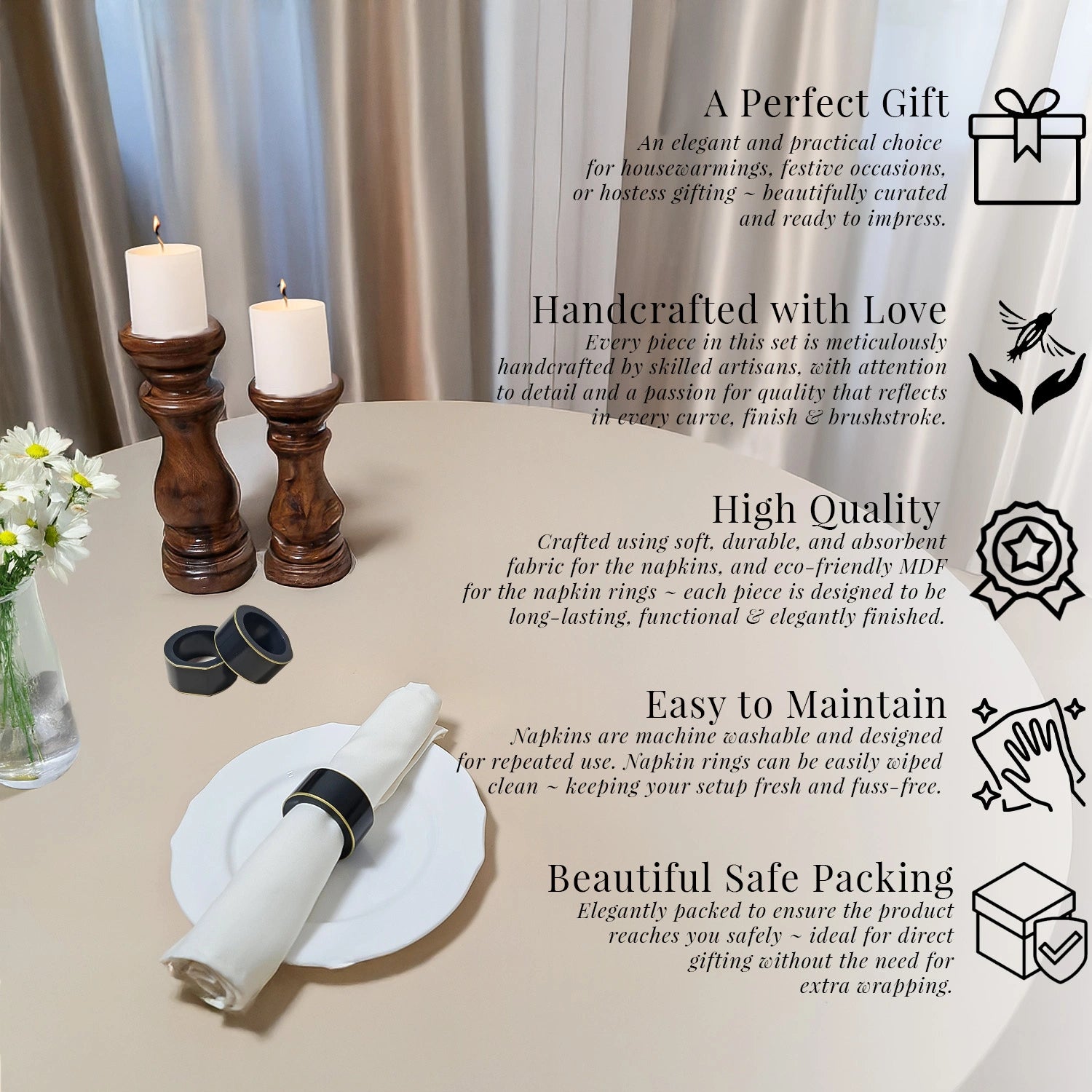 Charcoal Black Handcrafted Solid Color Napkin Rings & Cloth Napkins Combo Set