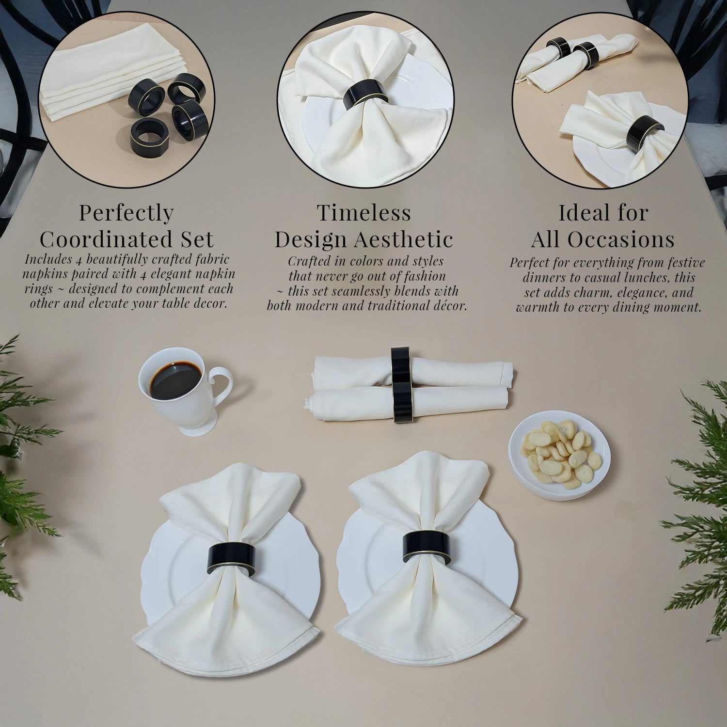 Charcoal Black Handcrafted Solid Color Napkin Rings & Cloth Napkins Combo Set