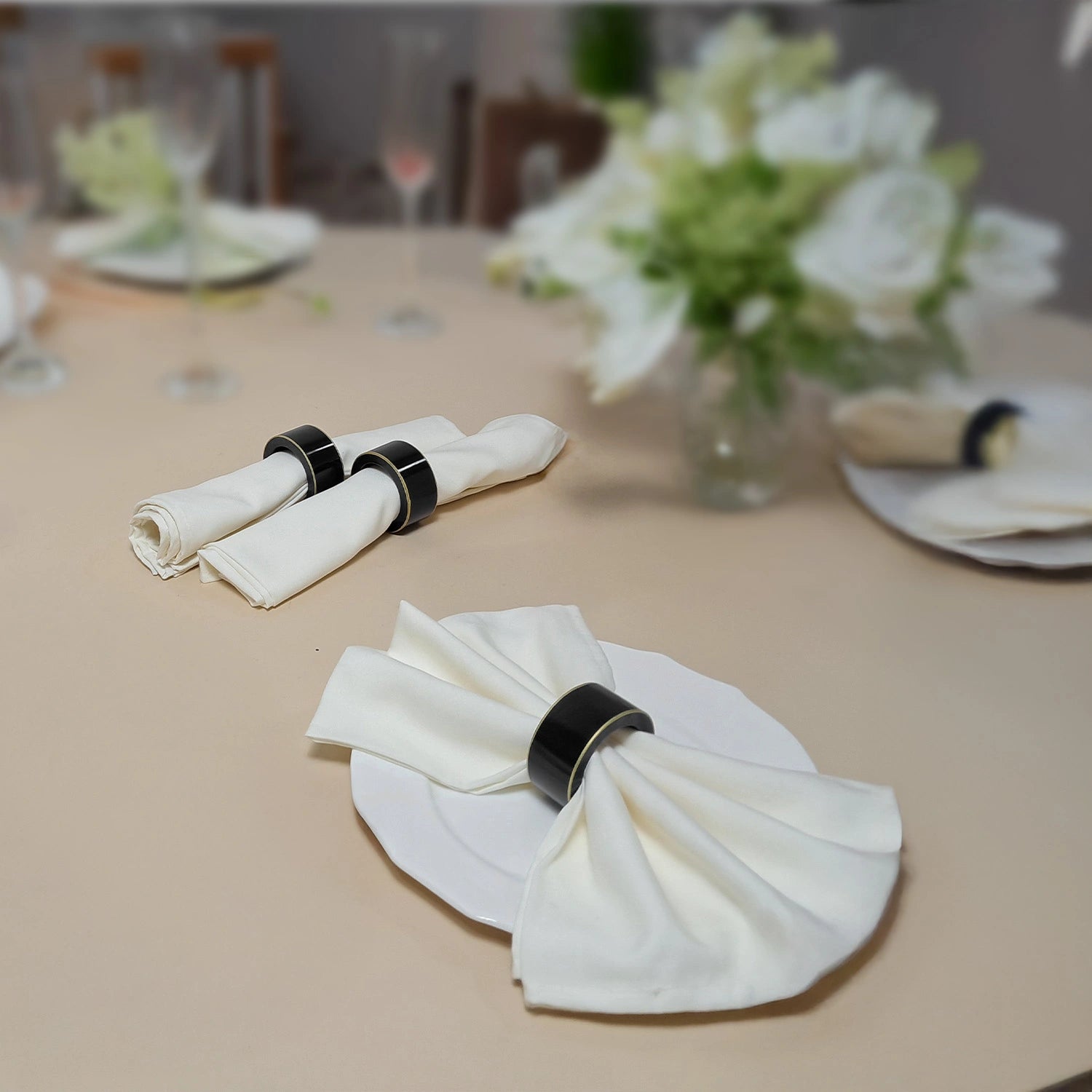 Charcoal Black Handcrafted Solid Color Napkin Rings & Cloth Napkins Combo Set