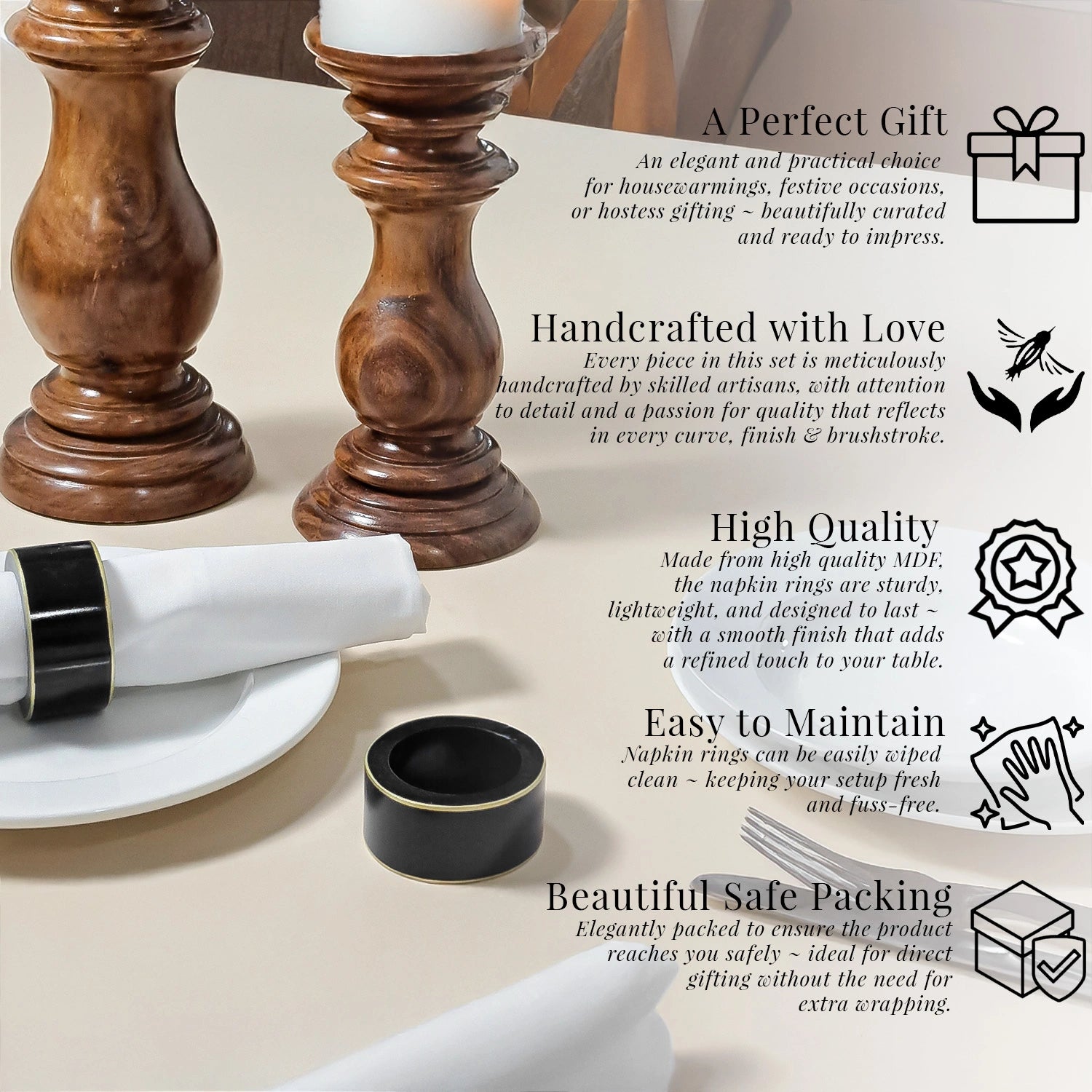 Charcoal Black Handcrafted Solid Color Napkin Rings