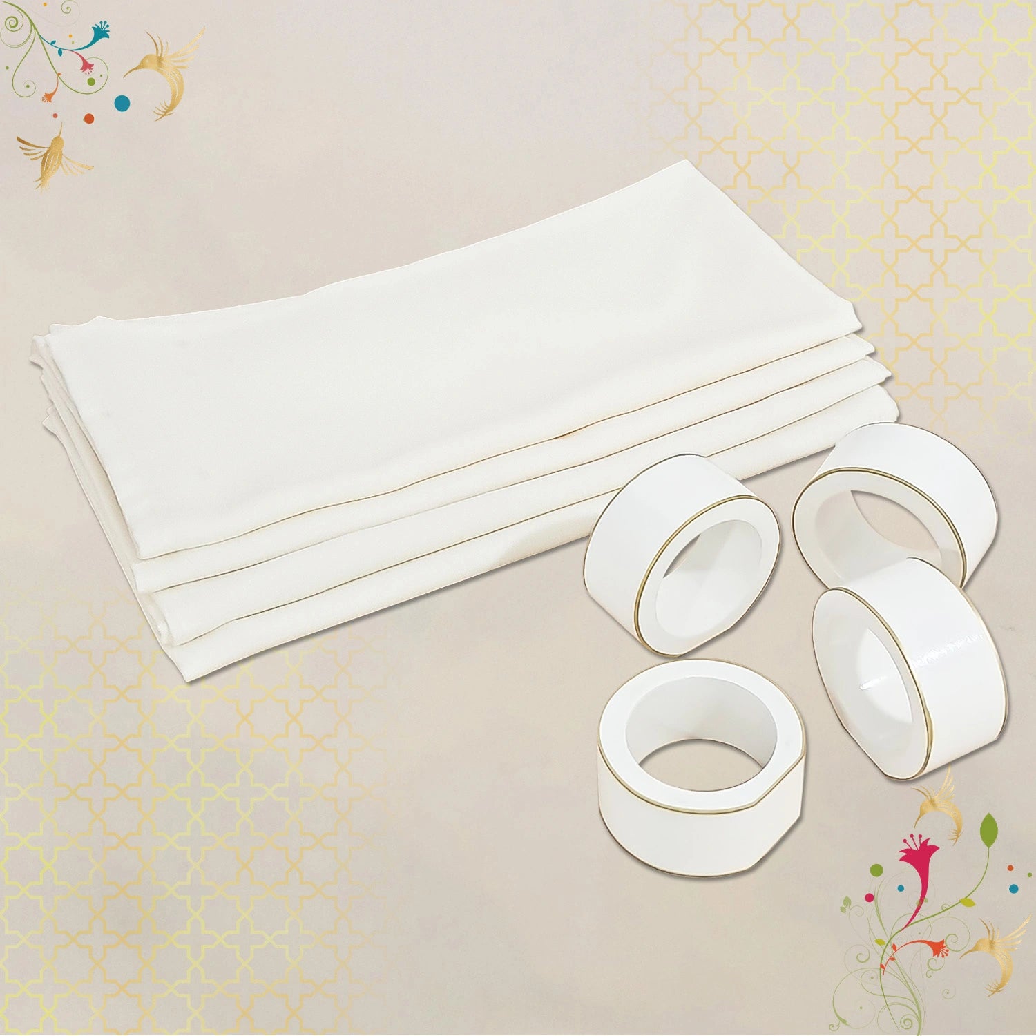 Eggshell Handcrafted Solid Color Napkin Rings & Cloth Napkins Combo Set