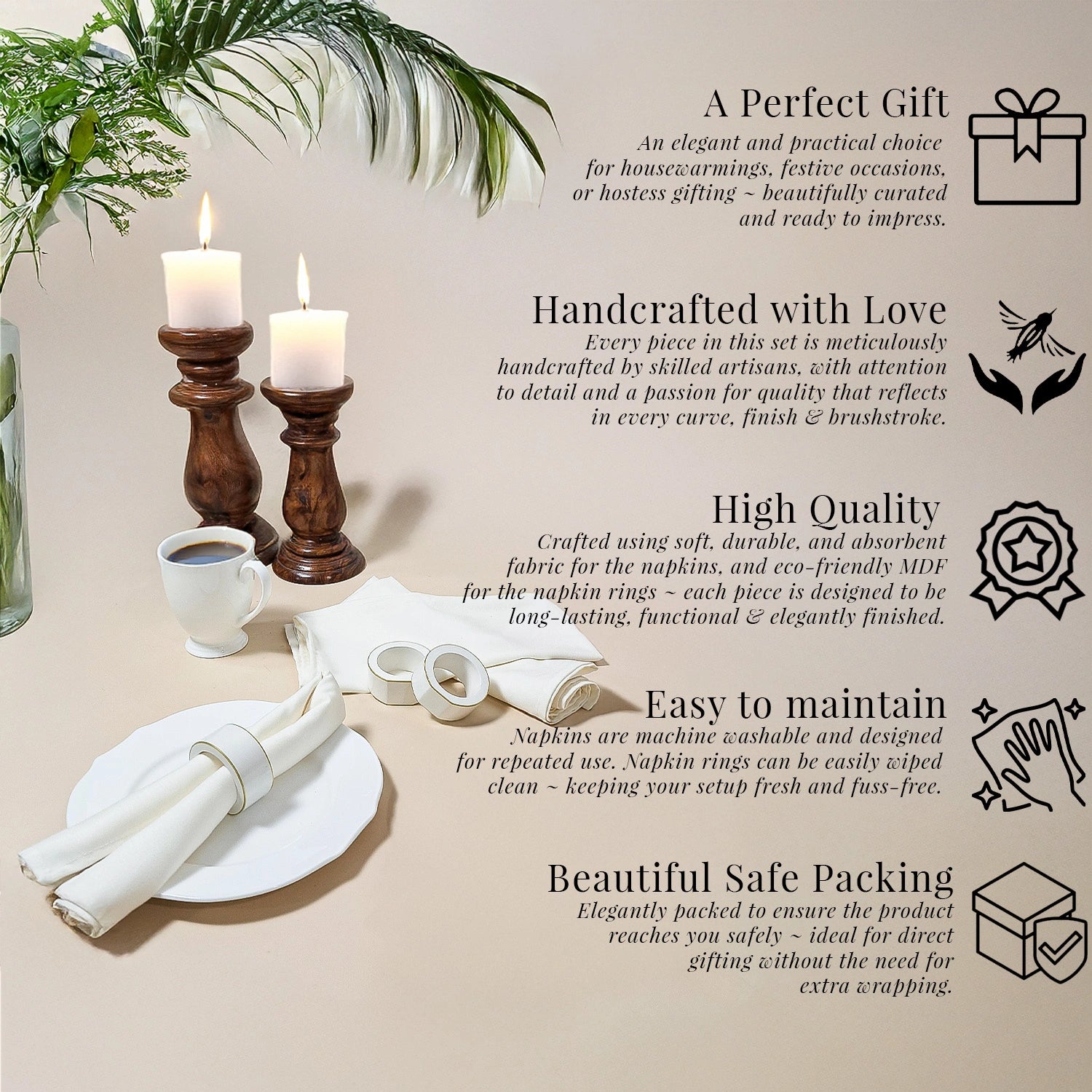 Eggshell Handcrafted Solid Color Napkin Rings & Cloth Napkins Combo Set